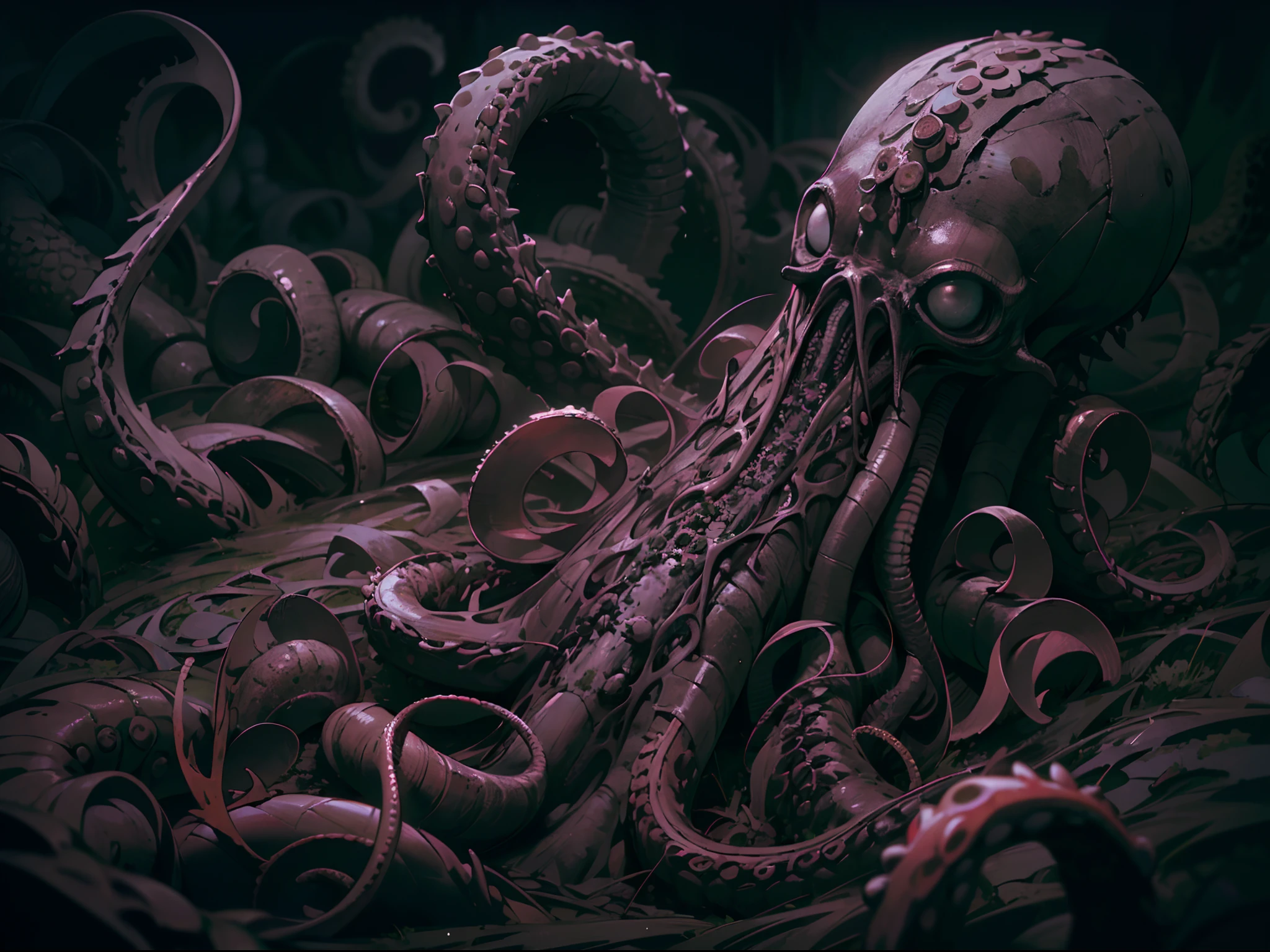 ((Best quality, 8K, Masterpiece: 1.4)),((Amazing detail: 1.3)),((illustration: 1.2)),((high resolution: 1.1)),Creepy, Horror, Worms, Dark style, Dark fantasy,Tentacle, Flesh-colored, Realistic, Dark atmosphere, Chiaroscuro, filmgrain, peristaltic,Decolorization,rotten,