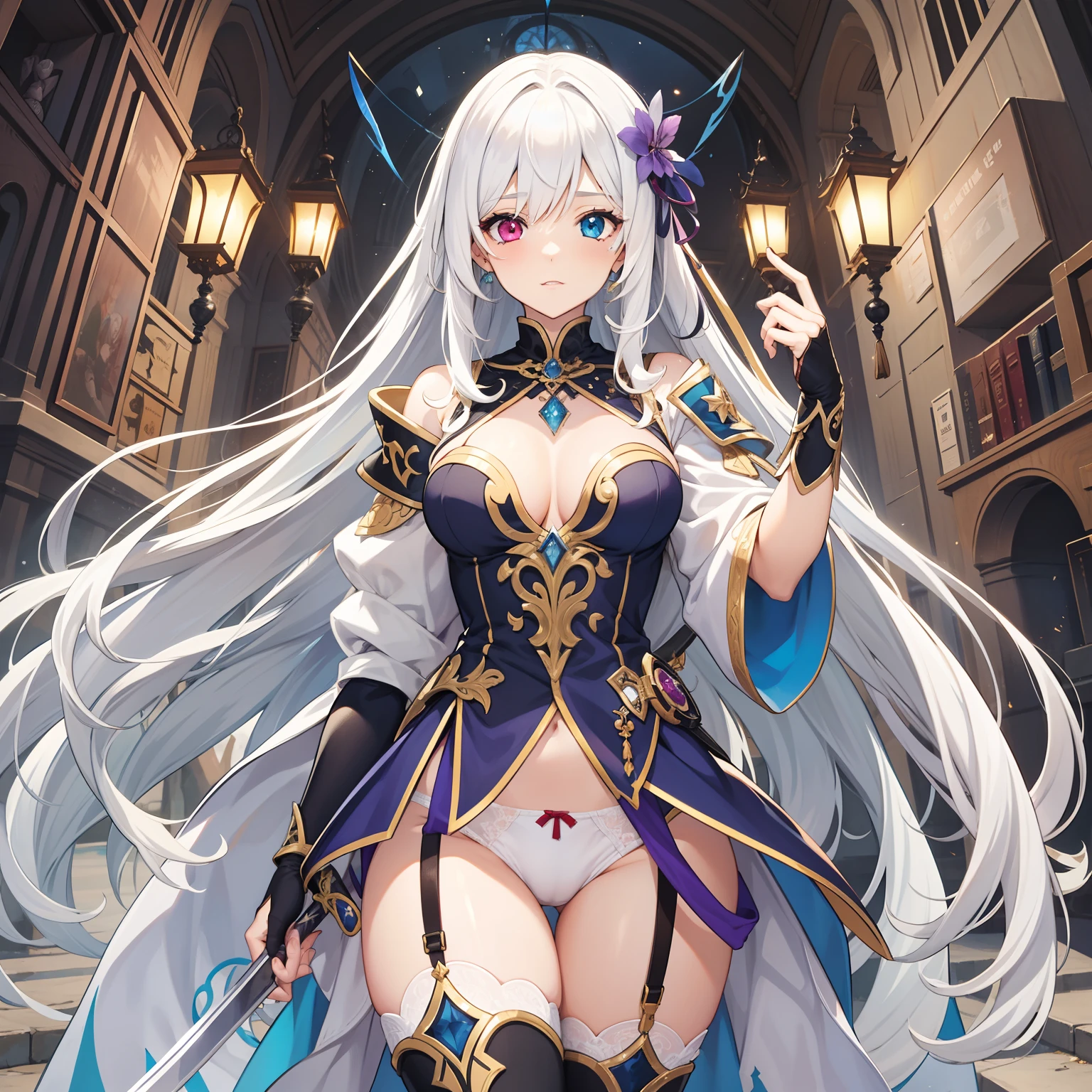 estilo anime. garota. A world of swords and sorcery. white underwear. minissaia. ordenha. Sentar e abrir a virilha. Heterochromia Red and violet eye Long white hair