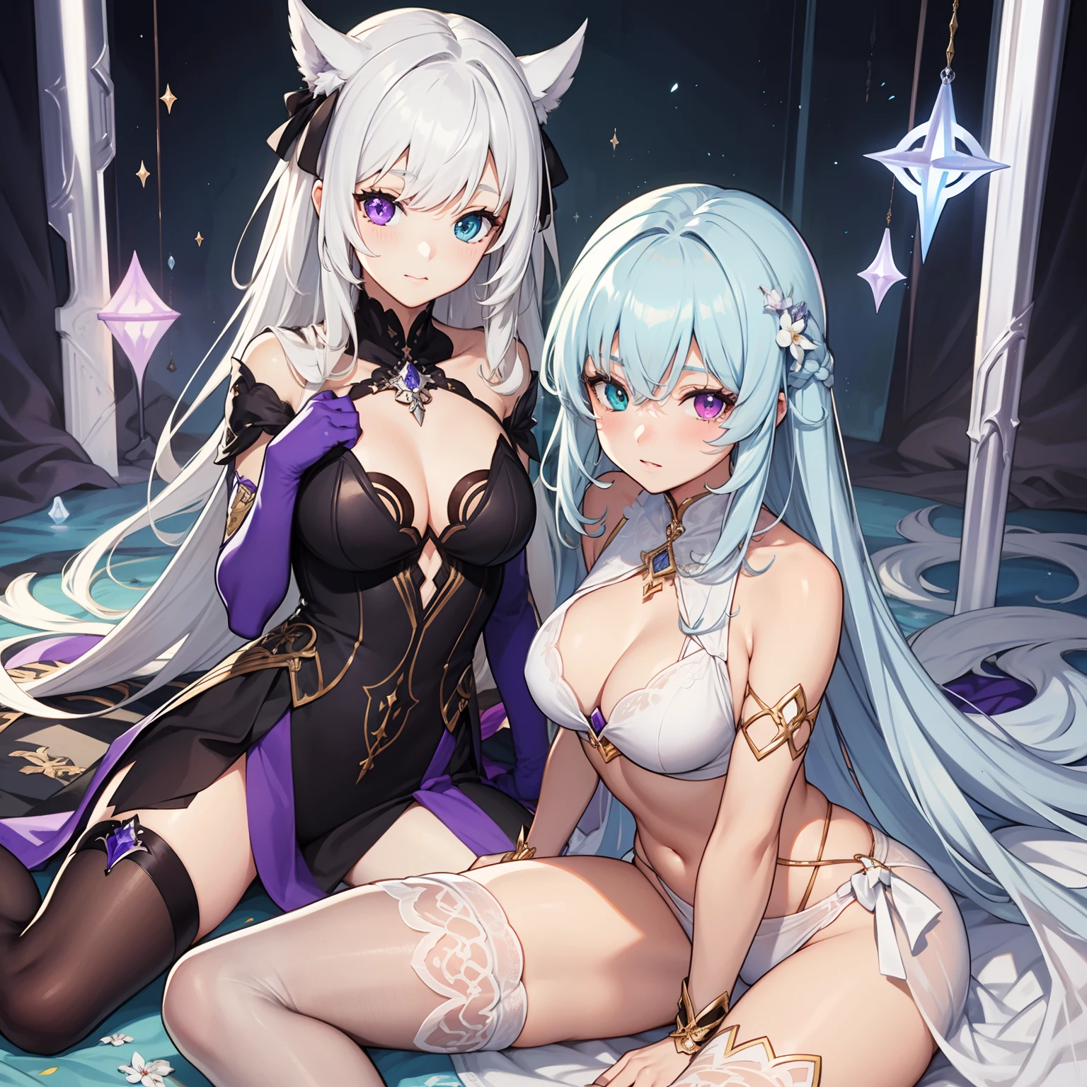 estilo anime. garota. A world of swords and sorcery. white underwear. minissaia. ordenha. Sentar e abrir a virilha. Heterochromia Red and violet eye Long white hair