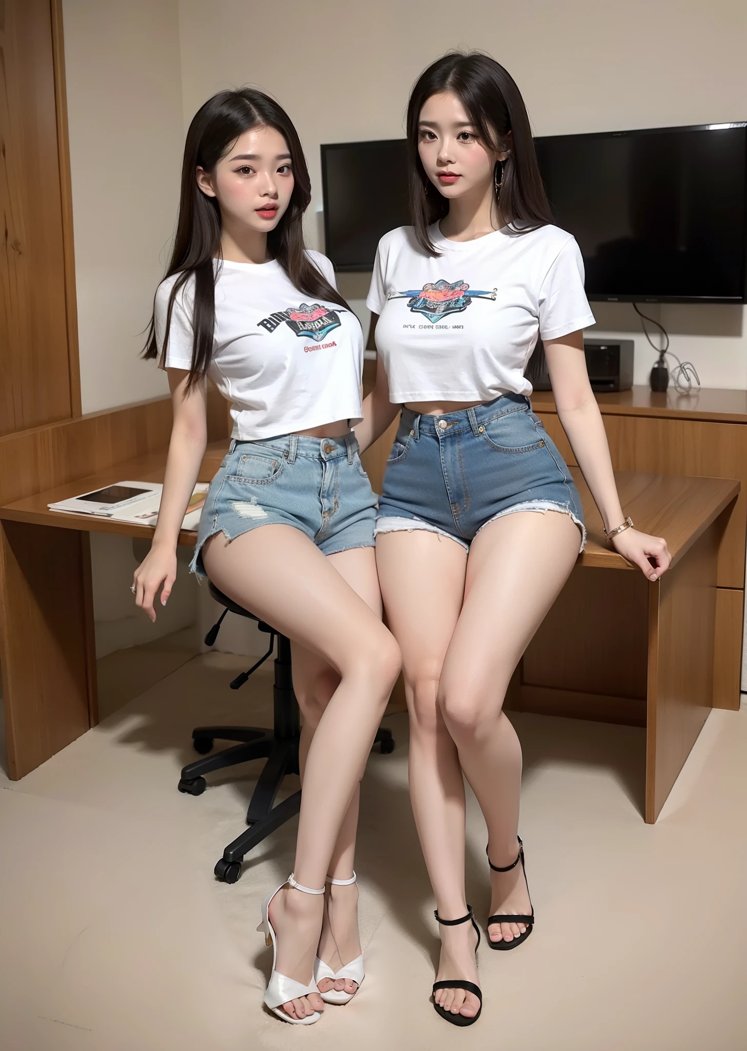 2 beautiful young women,One wears denim shorts to the base of the thighs,A pair of small sandals on the feet,The top is a white short-sleeved T-shirt,The other wears a white miniskirt,The top is a blue short-sleeved crewneck T-shirt,A pair of high-heeled sandals of about 10 cm under your feet,perfect bodies,Anterior convex and posterior,Dance and play in the KTV private room,Intimate relationships,detailed outfits,Detailed facial expressions,fully body photo