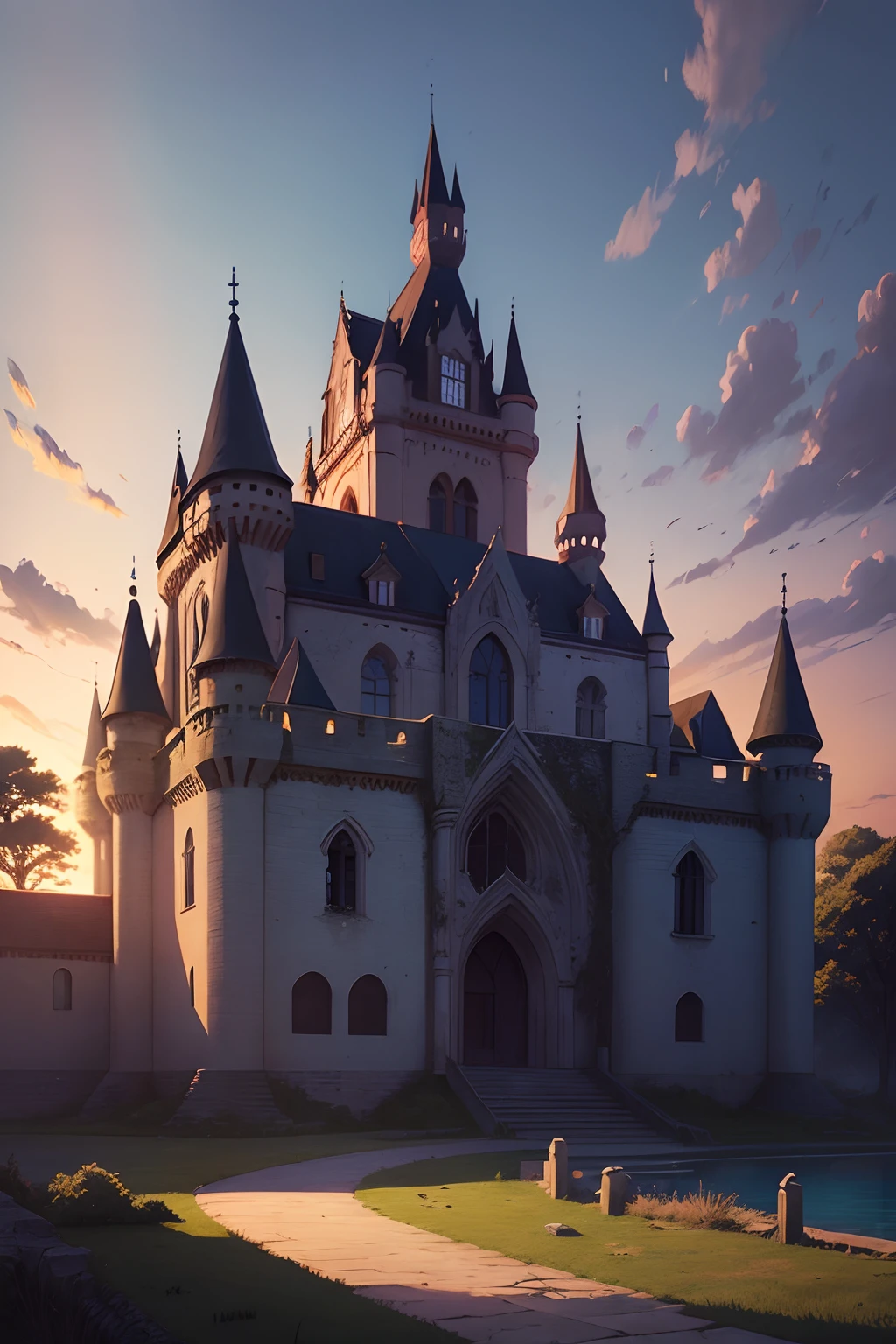 a beautiful abandon castle with peaceful creature sleeping around with the evening sky in a semi realistic anime style