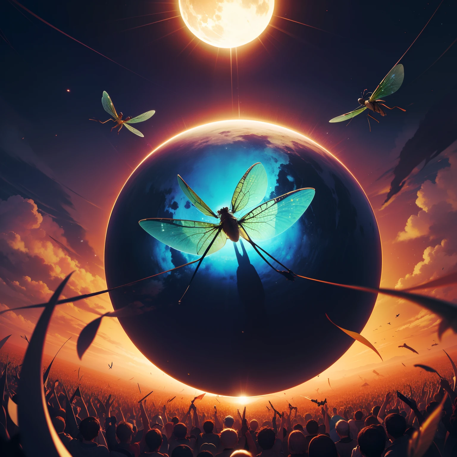 (from back:1.2), wide shot, 8K, best quality, huge dragonfly flying toward the sun on whole of background, many humans kneeing and worshipping, psychedelic coloring
