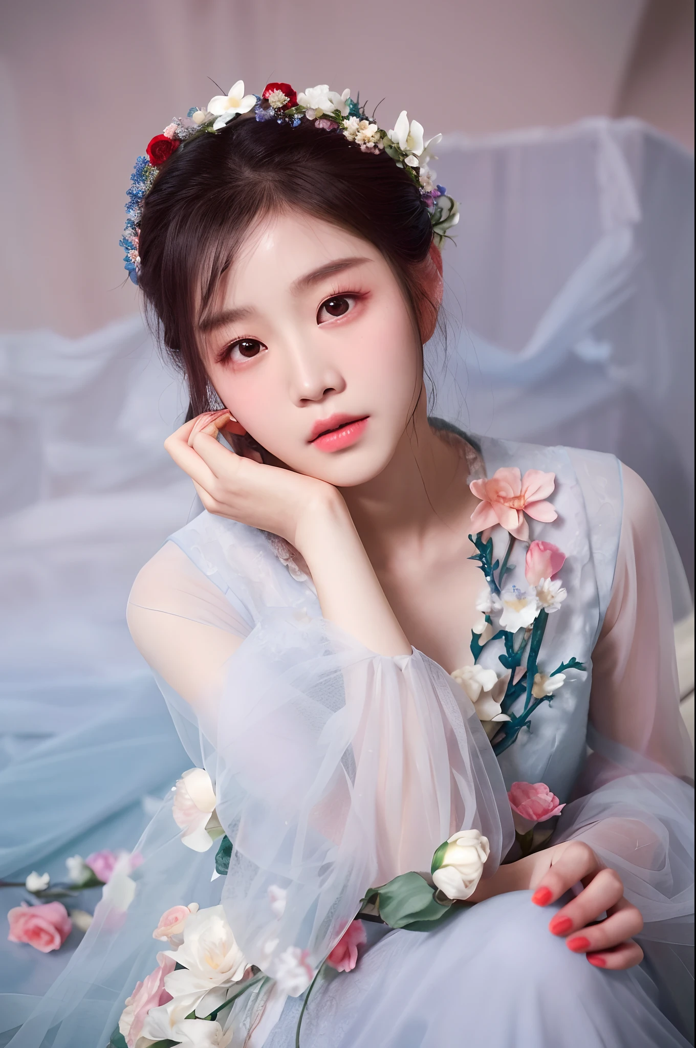 There was a woman in a dress，Wearing flowers on the head, ruan jia beautiful!, beautiful lovely, young cute wan asian face, Ethereal beauty, Zhang Jingna, xintong chen, yanjun cheng, Beautiful Asian girl, author：Chen Tingfo, Beautiful young Korean woman, cute beautiful, gorgeous chinese models, Yun Ling, By Ni Tian, Chinese girl