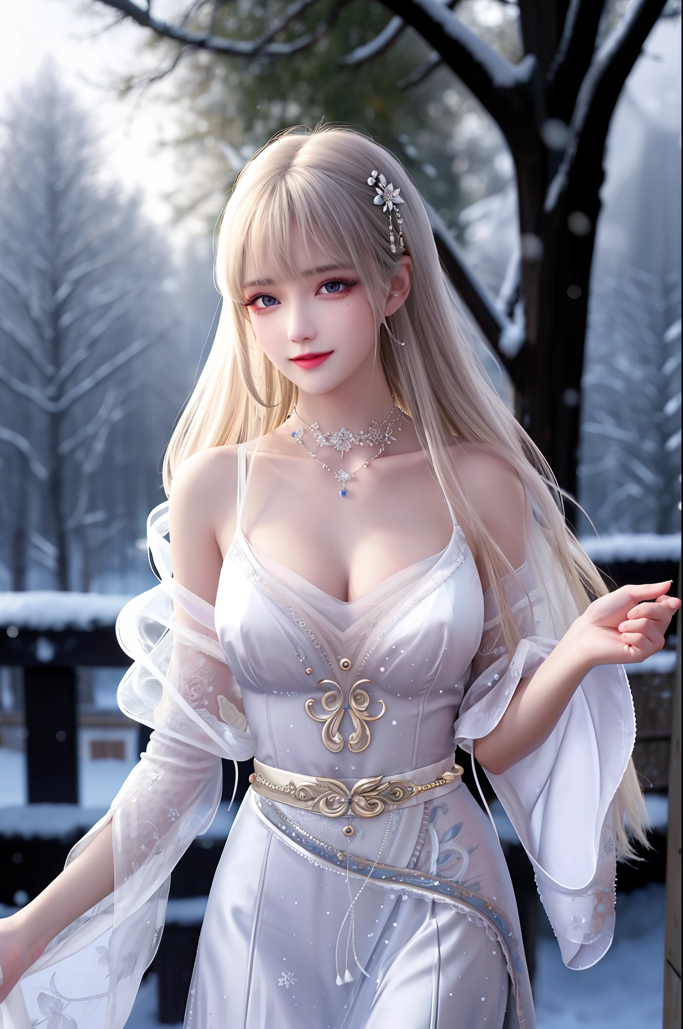best qualityer,8K, tmasterpiece, A high resolution, 1girll, Clear silk porcelain dress, Fur coat, hair adornments, ssmile, Keep one's mouth shut, cparted lips,Large breasts,Shoulder, shift dresses, hair adornments, choker necklace, jewely, Chinese outfit, long whitr hair, 耳Nipple Ring, Detailed beautiful eyes, detailed eyelashes, beautiful face,after sexing_Body,Slender and long legs, Tyndall effect,realisticlying, edge lit, twotonelighting,(highdetailskin:1.2), 8K, Ultra HD, digital SLR camera, gentle illumination, high high quality, Volumetriclighting, Frankness, photore, A high resolution, Bokeh, at a forest, Falling snow, Winters, in the afternoon