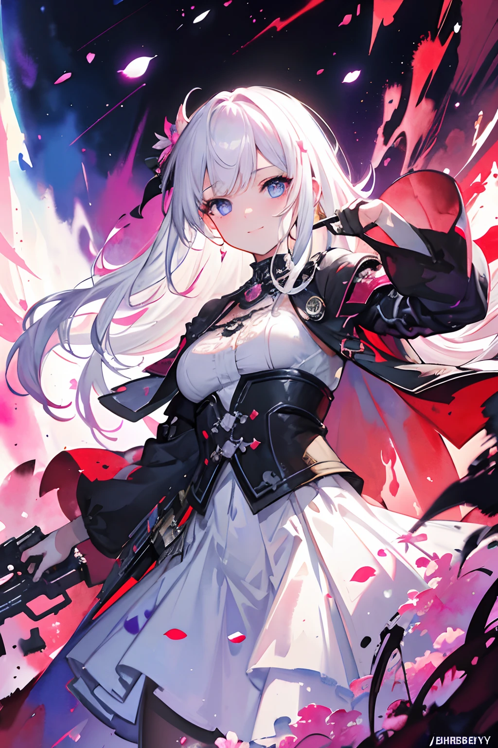 masterpiece, best quality, 1girl, (colorful),(finely detailed beautiful eyes and detailed face),cinematic lighting,bust shot,extremely detailed CG unity 8k wallpaper,white hair,solo,smile,intricate skirt,((flying petal)),(Flowery meadow) sky, cloudy_sky, building, moonlight, moon, night, (dark theme:1.3), light, fantasy,,fantasy, high contrast, ink strokes, explosions, over exposure, purple and red tone impression , abstract, ((watercolor painting by John Berkey and Jeremy Mann )) brush strokes, negative space,