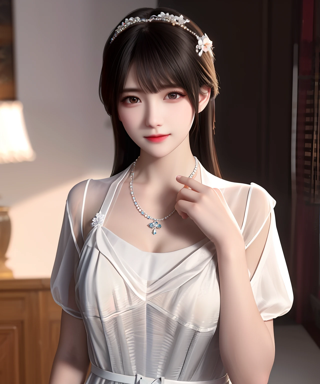 Best quality, masterpiece, high resolution, 1girl, porcelain dress, hair accessories, necklace, jewelry, beautiful face, on the body, Tyndall effect, realistic, dark studio, edge lighting, two-tone lighting, (high detail skin: 1.2), 8k UHD, dslr, soft light, high quality, volumetric light, candid, photo, high resolution, 4k, 8k, background blur,