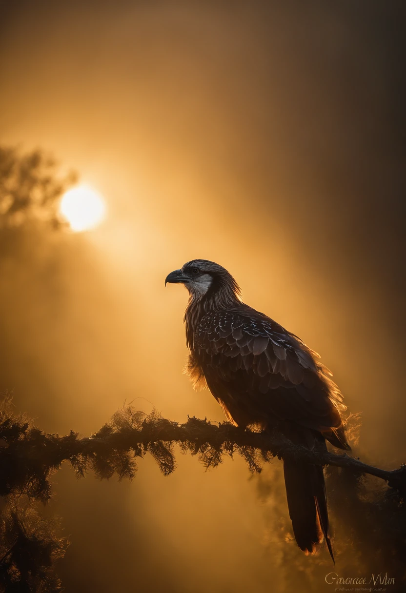 Um Serinus canaria domestica posicionado graciosamente em um galho, intense morning light diffused through the mist slowly rising around you, highlighting their intricate feathers in dramatic side lighting