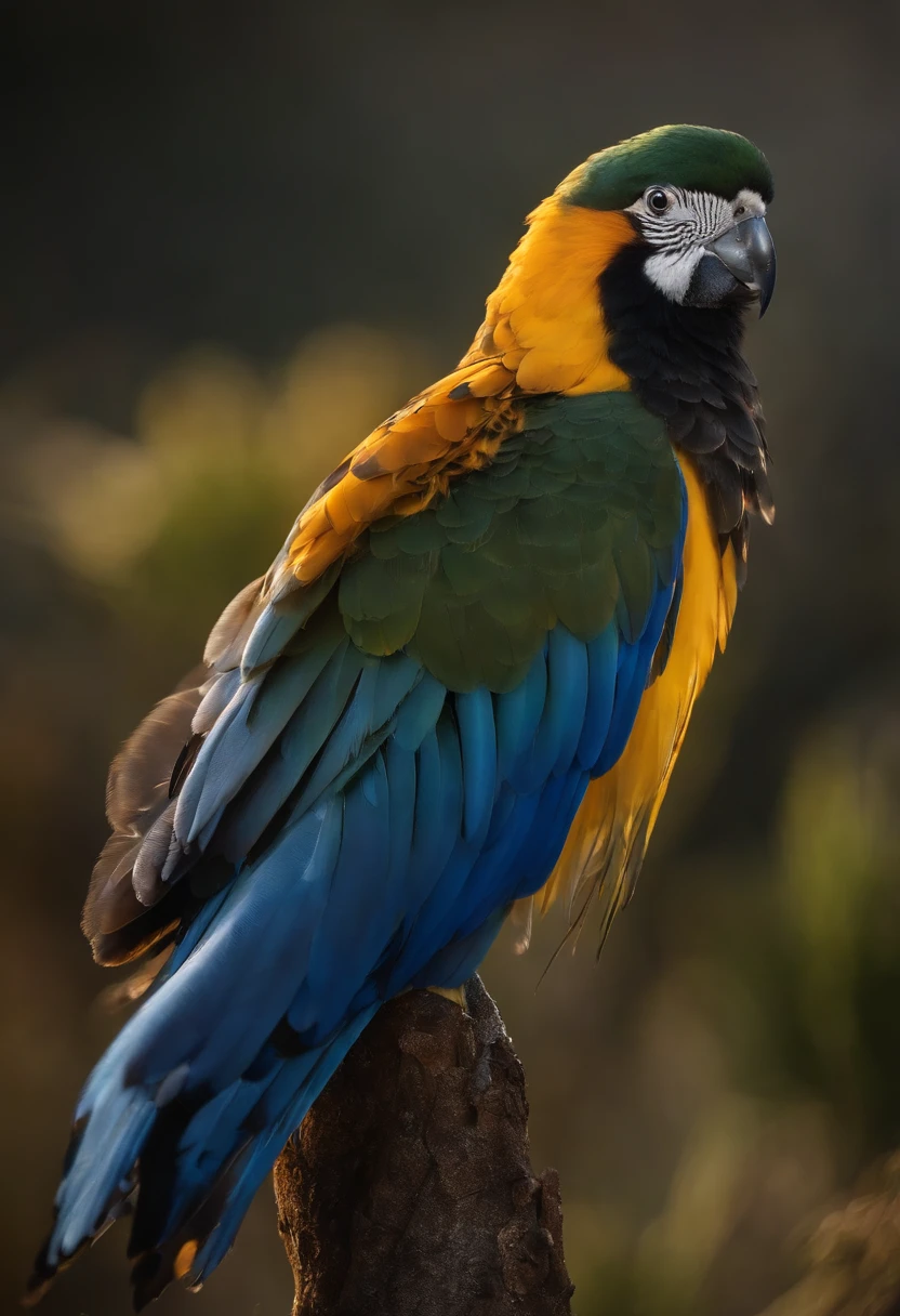 Um Serinus canaria domestica posicionado graciosamente em um galho, intense morning light diffused through the mist slowly rising around you, highlighting their intricate feathers in dramatic side lighting