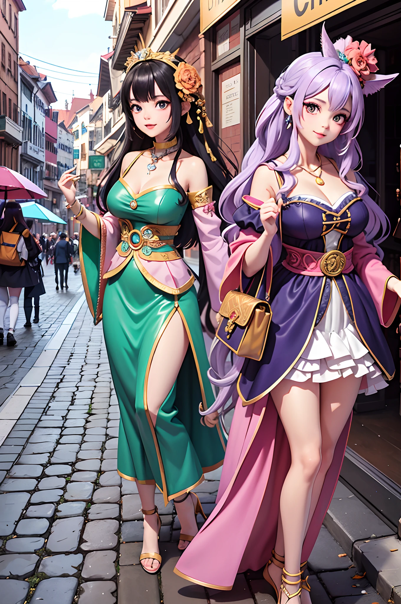 Best Quality, Masterpiece, Extremely Detailed, High Resolution, 4K, Ultra High Resolution, Detailed Shadows, Perfect Light and Shadow,duo, Two Girls in Stylish Clothes Taking Selfies on the Street, fantastical cityscape,Colorful Braids, Anime Role Play, Anime Style Mixed Fujifilm, Cute, Big Laugh, Big, Sexy,(alebrijes art style),pureerosface_v1,ulzzang-6500-v1.1,fantastical clothing,princess eyes round pupils,fantastical necklaces,fantastical ribbons,fantastical rings,fantastical jewelry,fantastical hair ornament,fantastical belt,studio light,