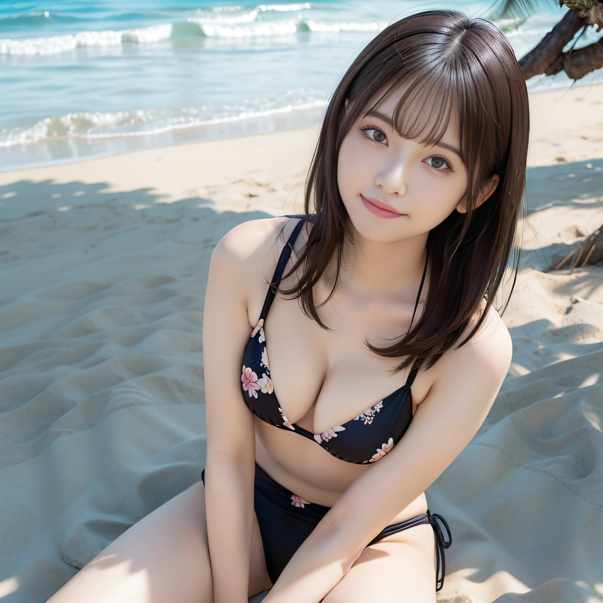 in 8K,Best Quality:1.4, 超A high resolution:1.5, (Photorealistic:1.4),masterpiece:1.2,(top-quality:1.4)、 Raw photo、 (From the knee up:1.4), (the background is blurred), sea side, sand beach, 1日本人の女の子, Cute, (Solo), (Shy smile), Smooth skin、Floral Bikini:1.3、Beautiful black eyes、natural skin textures:1.3, realistic eyes and face details:1.7、 (Brown medium hair,Bangs), (touch hair:1.4),nogizaka,Cute swimsuit,Supple fingertips,Beautiful black eyes、natural skin textures:1.3, realistic eyes and face details:1.7、middlebreasts、Gravure Pose:1.2、Toned buttocks:1.5、Hands behind the head、gazing at viewer、thighs thighs thighs thighs、middlebreasts