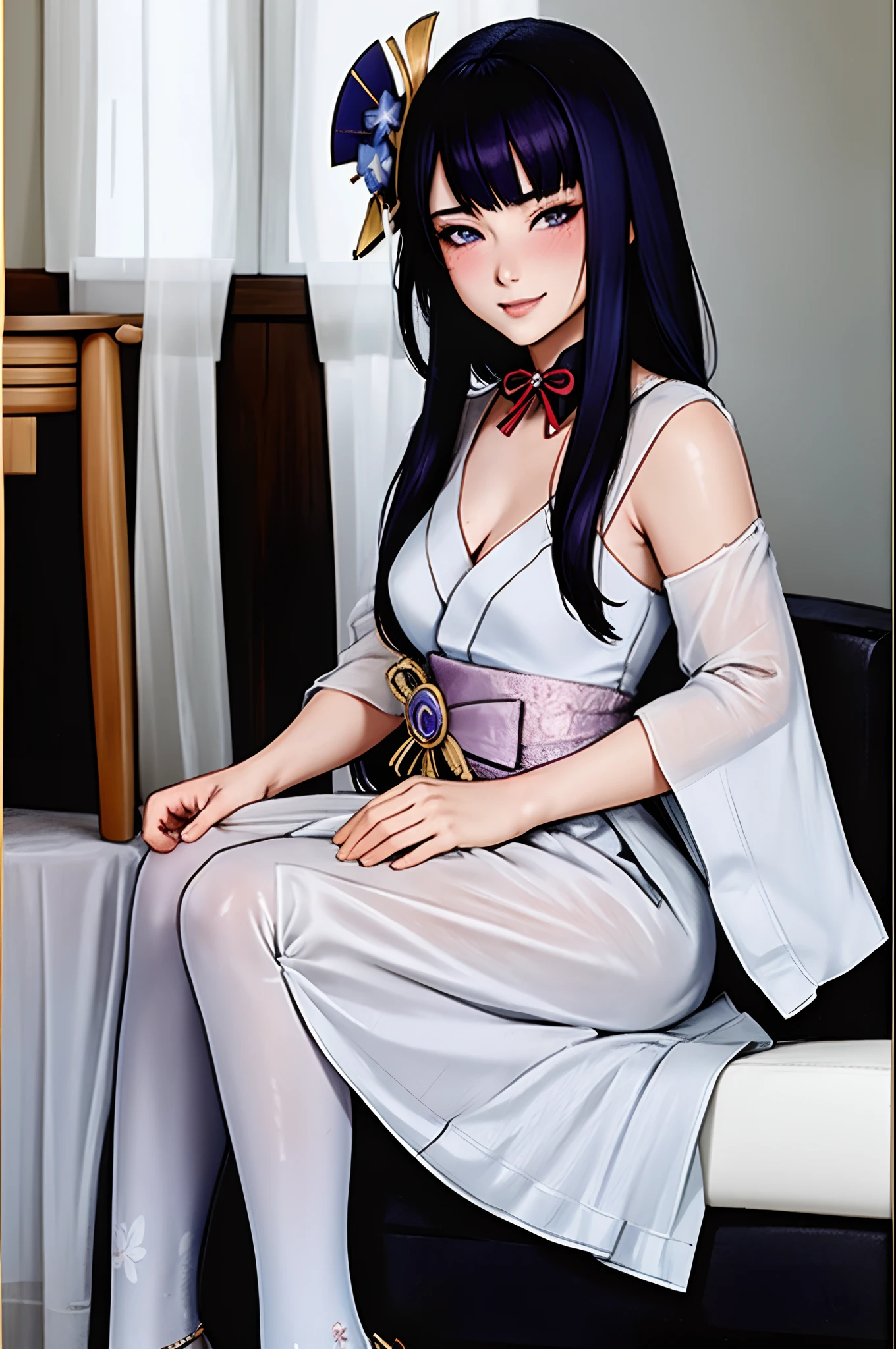 1girl, w1 girl, Genshin Impact, Raiden Shogun, Perfect Hands best quality, expressive eyes, perfect face, upper Big body, full body, smile, blush, silk wedding dress, day, simple background, Sitting on Sofa, looking , Bright sky, looking at viewer, stairs, moody lighting,