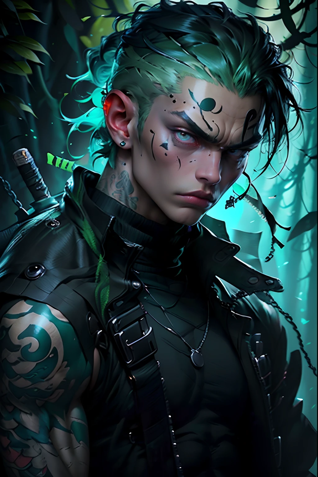 kpop boy wearing sage green futuristic jacket, handsome, charming, zoro vibe with katana, slim body, big sword katana black turtle neck attire, big jacket, serious face, chains, tattoos, cool pose, whole body shot, big eyes, glowing forest background