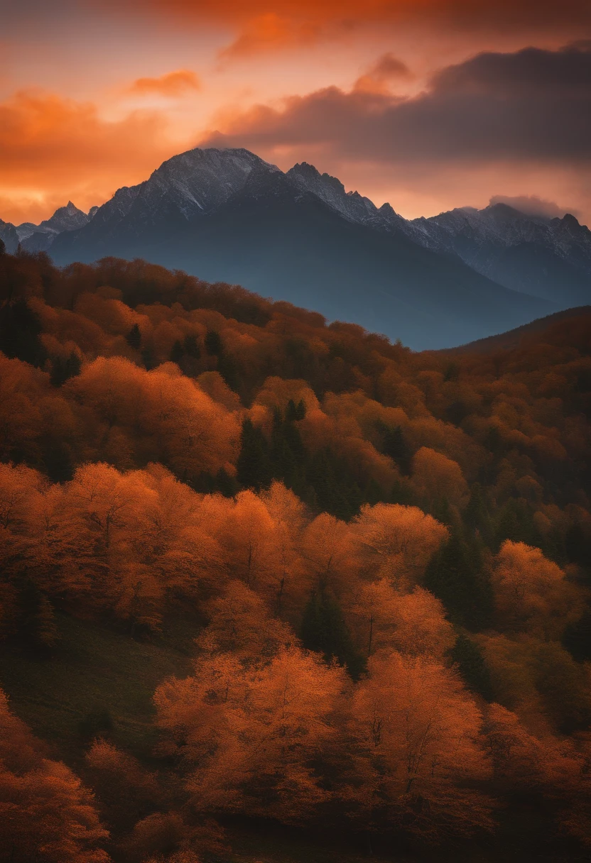 Mountains 50 mm lens with orange sky background late afternoon stunning cinematic view ultra hd uhd