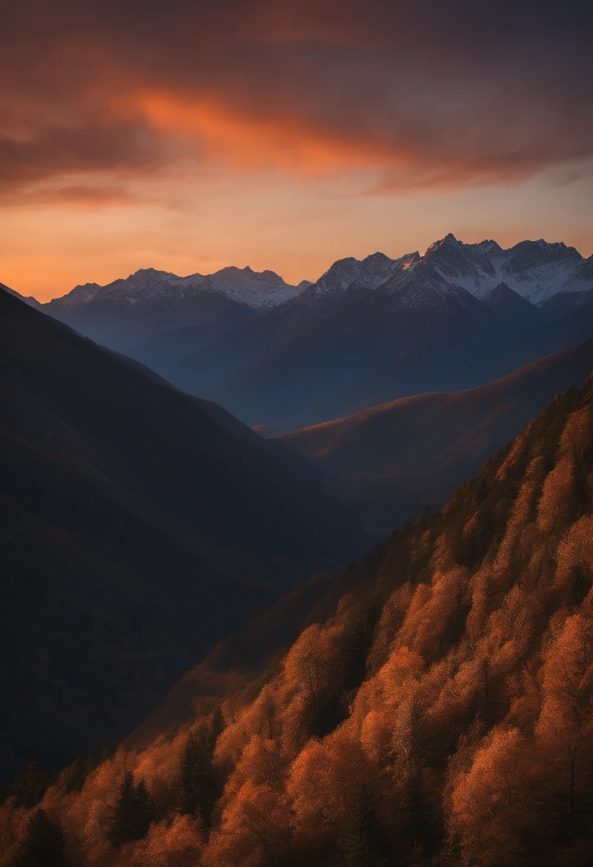 Mountains 50 mm lens with orange sky background late afternoon stunning cinematic view ultra hd uhd