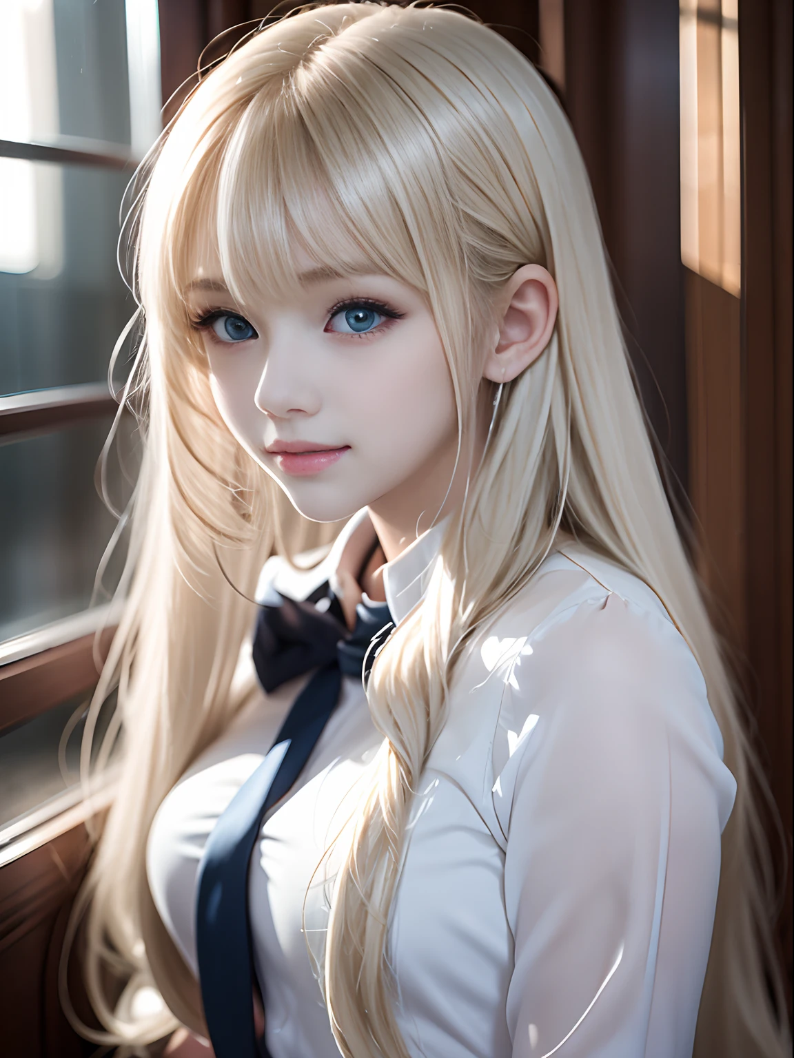 portlate、School Uniforms、bright expression、Young shiny shiny white shiny skin、Best Looks、Blonde reflected light、Platinum blonde hair with dazzling highlights、shiny light hair,、Super long silky straight hair、Beautiful bangs that shine、Glowing crystal clear attractive big blue eyes、Very beautiful nice cute 16 year old girl、Lush bust、