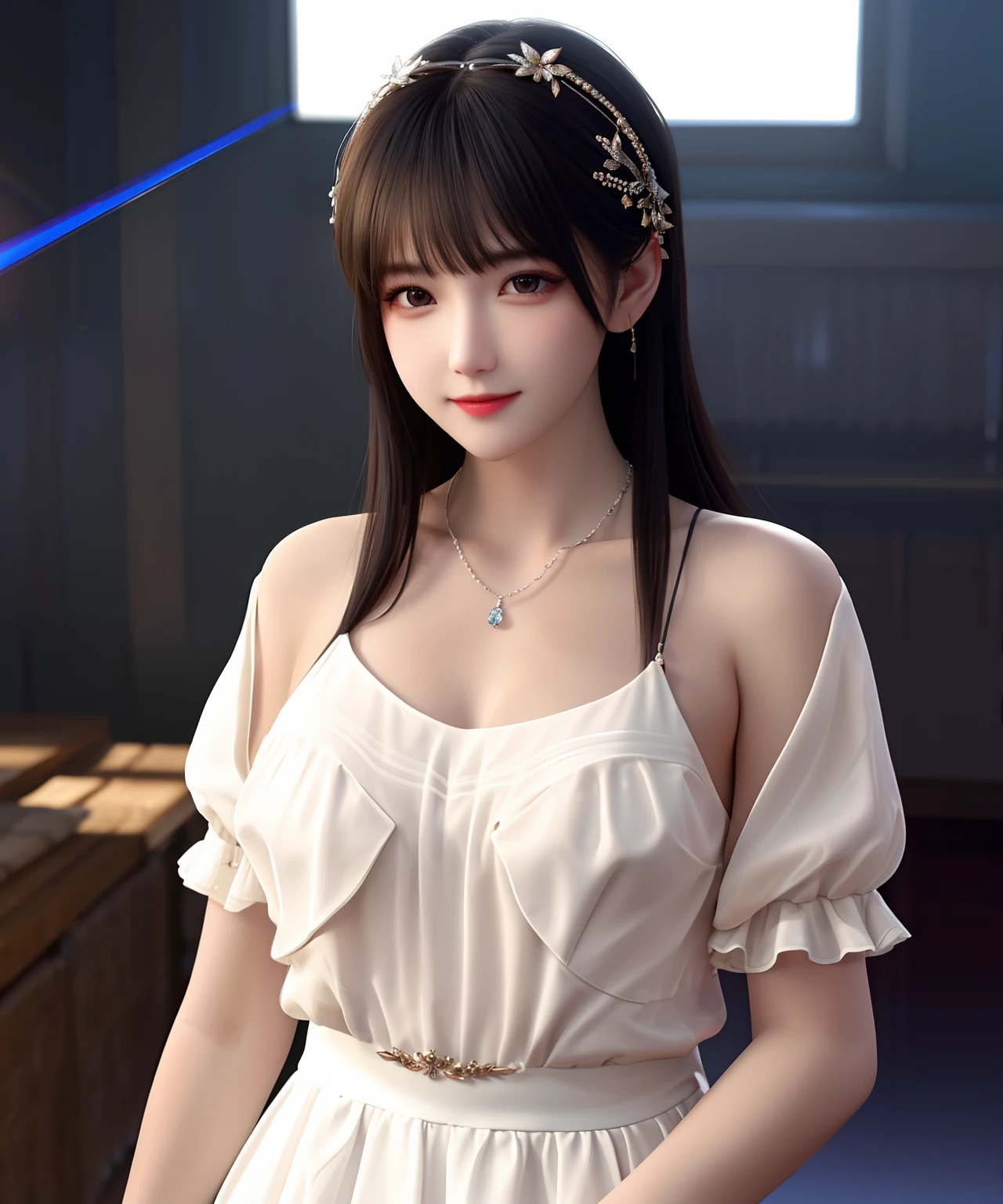 Best quality, masterpiece, high resolution, 1girl, porcelain dress, hair accessories, necklace, jewelry, beautiful face, on the body, Tyndall effect, realistic, dark studio, edge lighting, two-tone lighting, (high detail skin: 1.2), 8k UHD, dslr, soft light, high quality, volumetric light, candid, photo, high resolution, 4k, 8k, background blur,