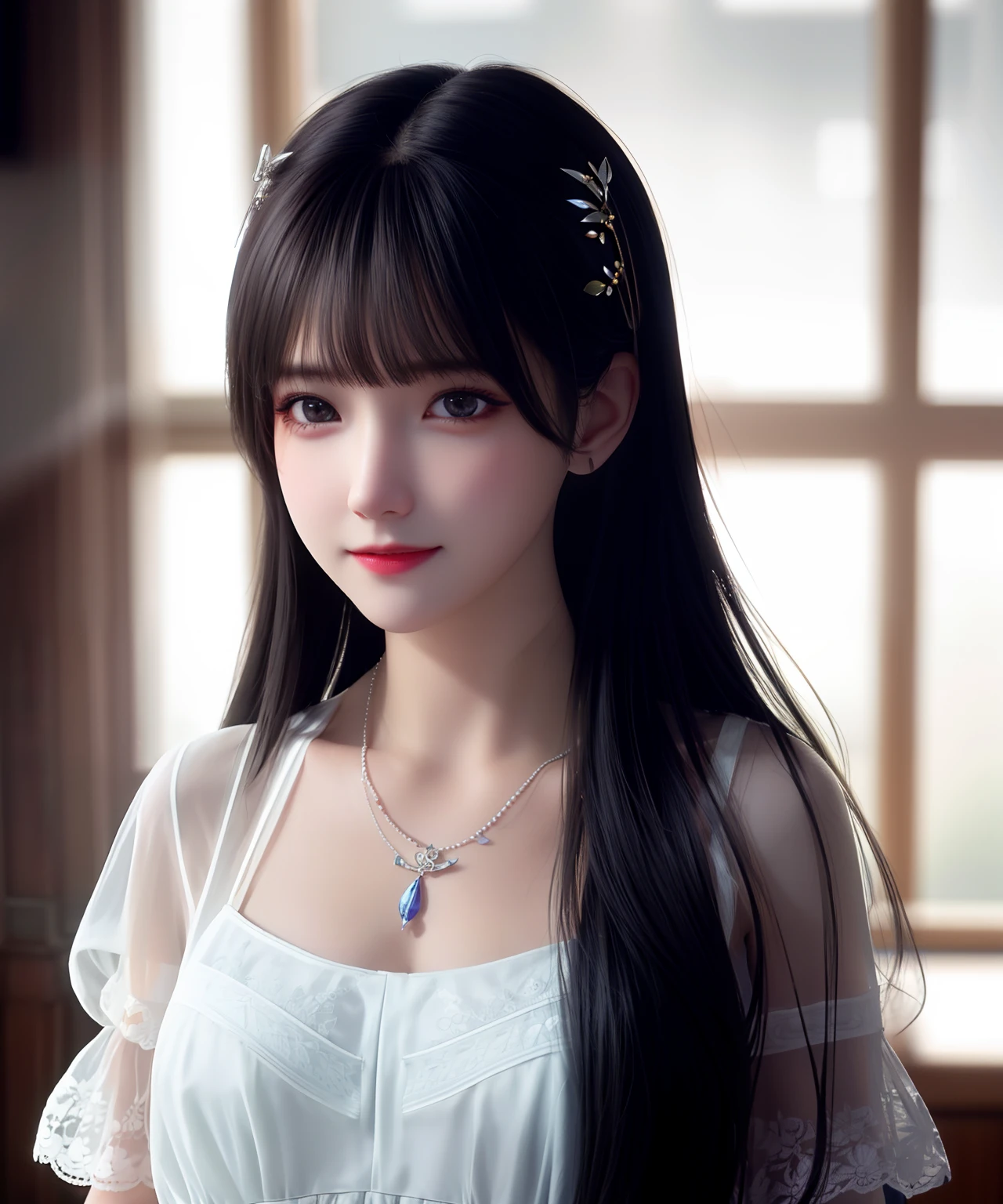Best quality, masterpiece, high resolution, 1girl, porcelain dress, hair accessories, necklace, jewelry, beautiful face, on the body, Tyndall effect, realistic, dark studio, edge lighting, two-tone lighting, (high detail skin: 1.2), 8k UHD, dslr, soft light, high quality, volumetric light, candid, photo, high resolution, 4k, 8k, background blur,