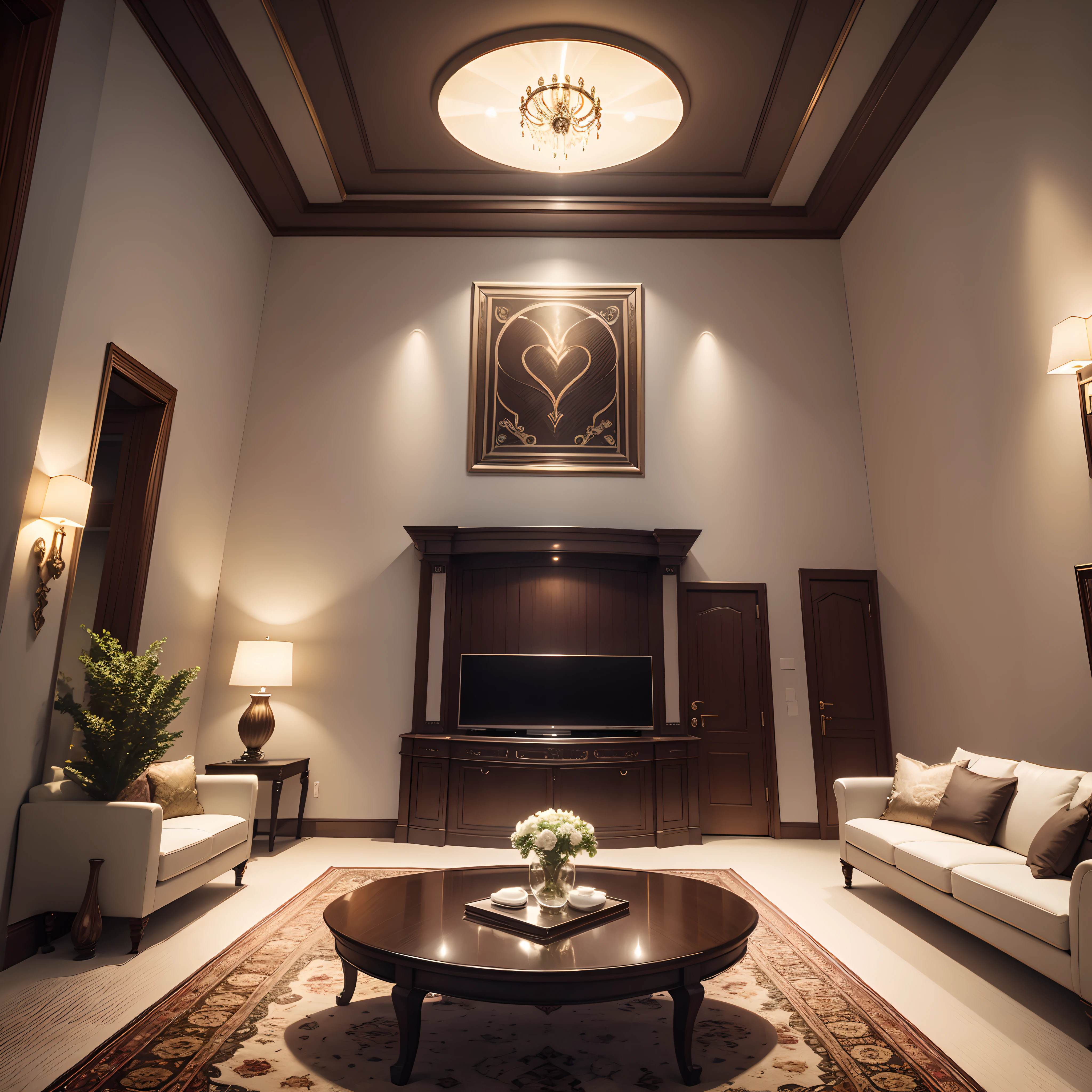 Luxury home surrounded by LED lights, Seats, coffee table, carpet, dinner table, Wide windows, Stylish painting, trinket, DVR, Realistic, UTIL