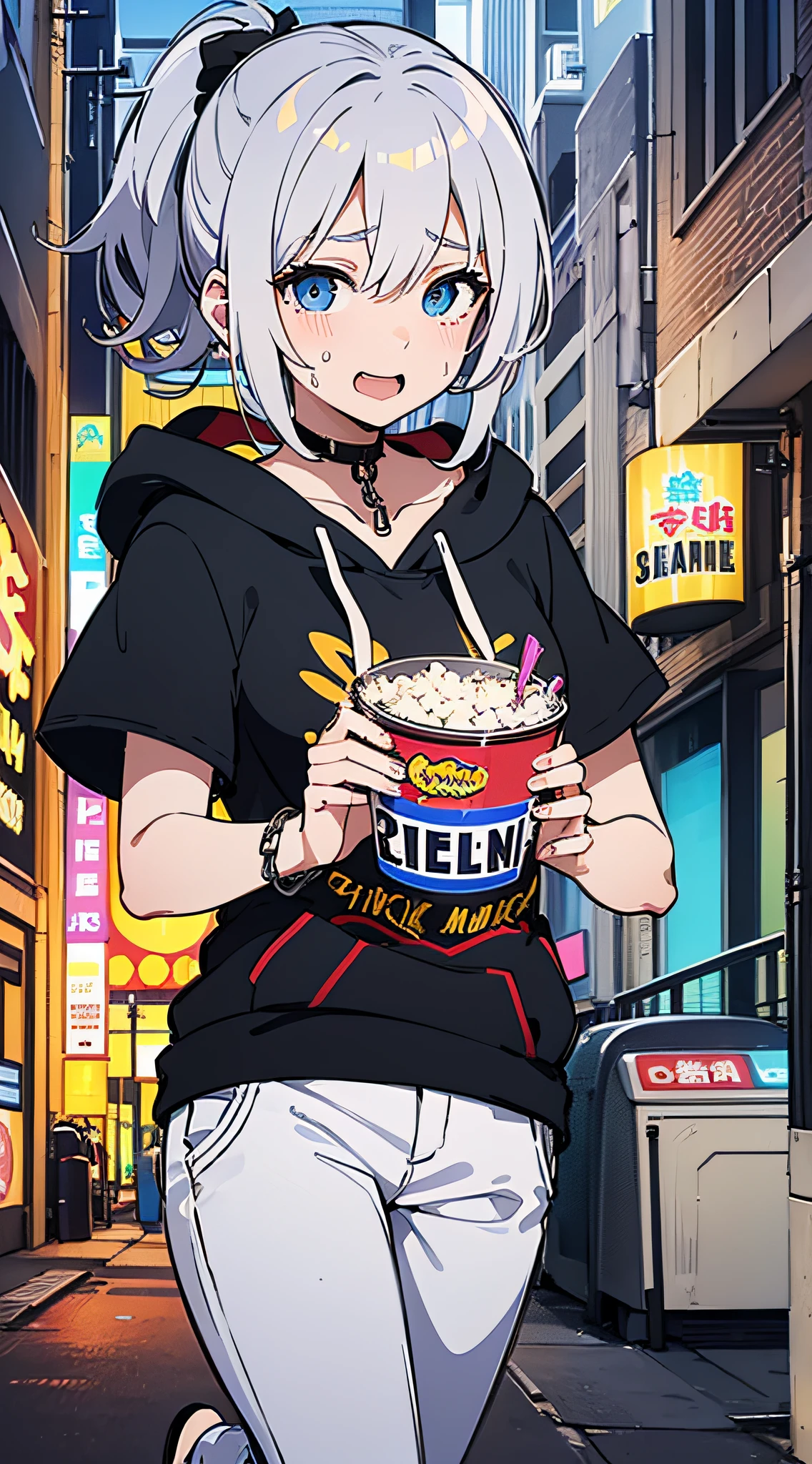 top-quality、Top image quality、​masterpiece、girl with((18year old、Black short-sleeved hoodie(1:2)、White pants、Best Bust、Bust 85、silber hair、disheveled ponytail、Blue eyes、open chest wide、Happiness、Sweating、Chain Accessories、break dance)）hiquality、visualart、Background with((movie theatre))、masutepiece