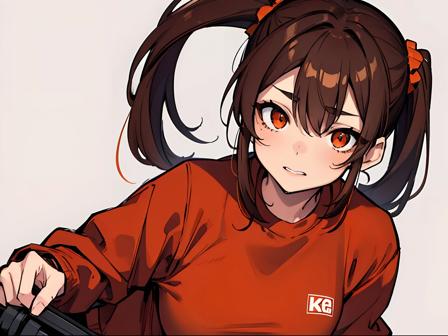 Women with Brown Hair, Pigtails hairstyle, Wearing a Red sweat shirt, Orange eyes, Beautiful, high res, 8k, 1 Girl only