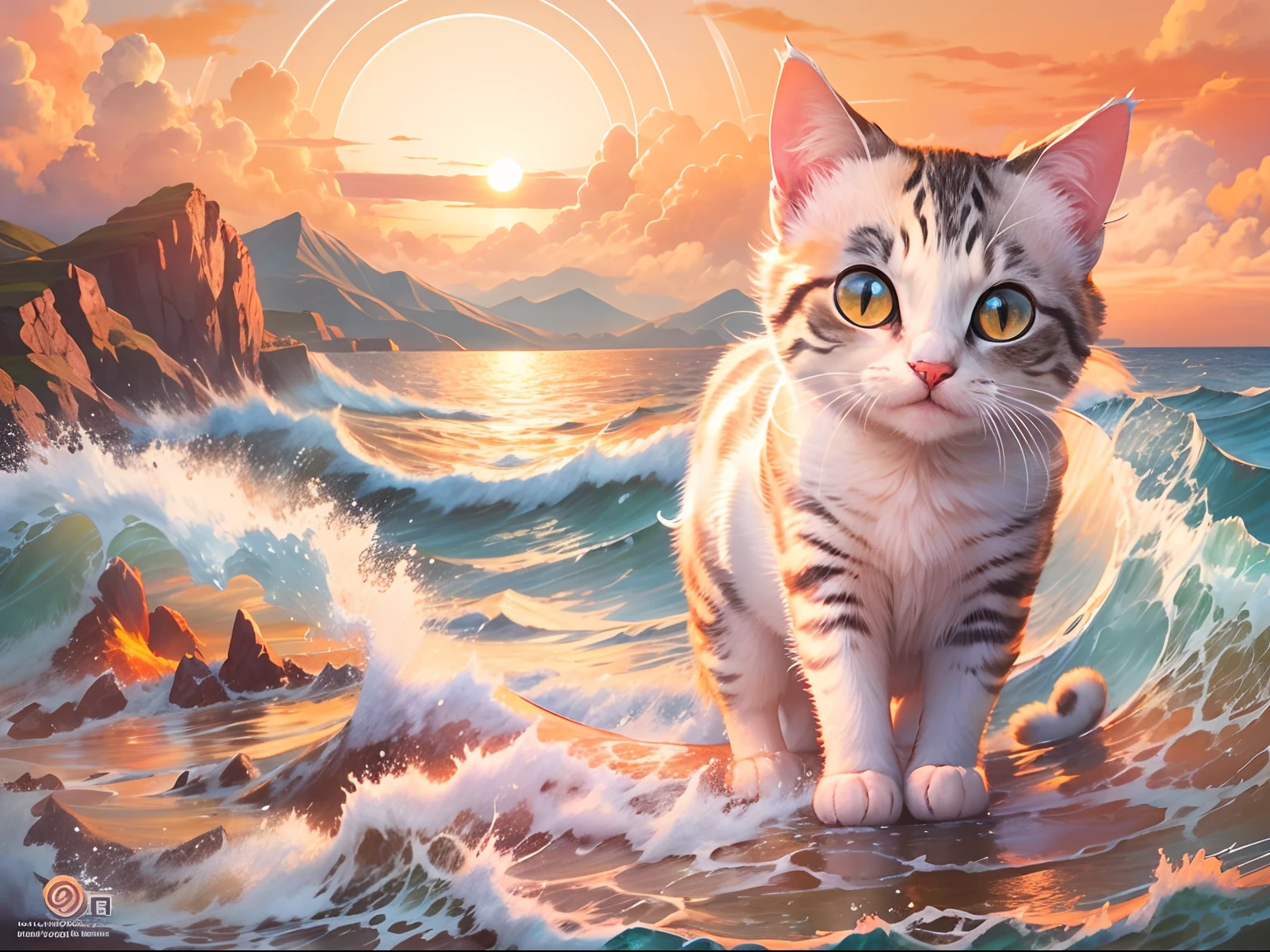 1 cat with round eyes , seaside, waves, sunrise, mountain masterpiece, high quality. detailed.