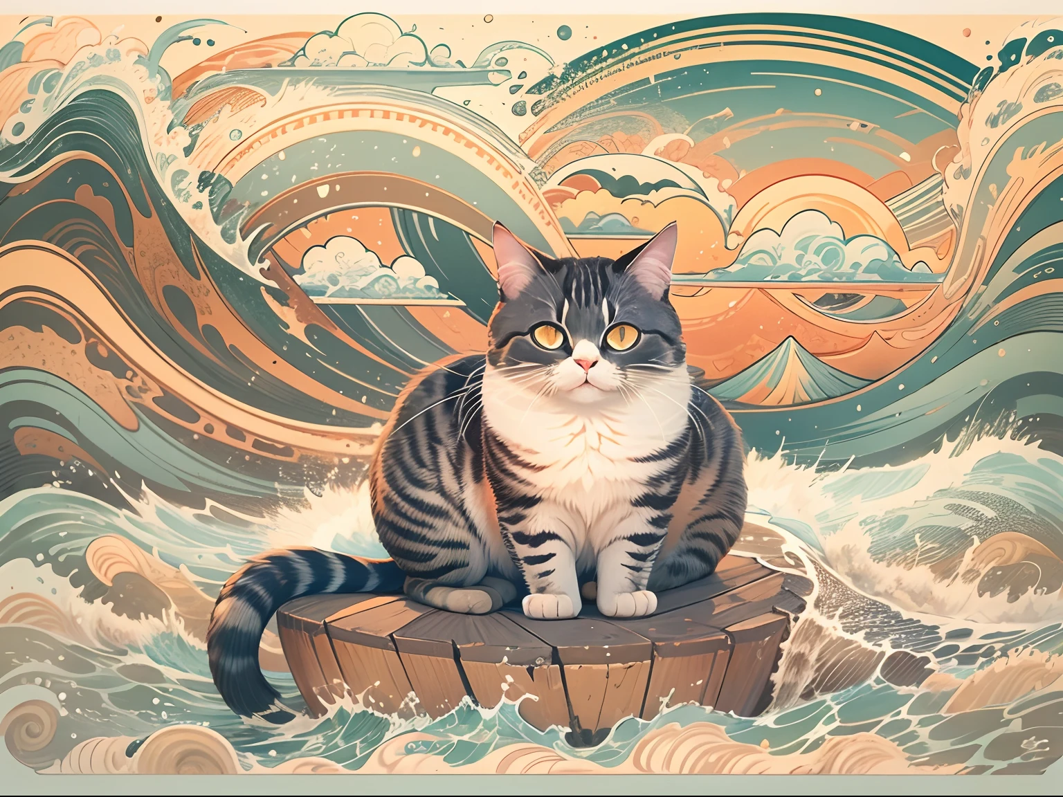1 cat with round eyes , seaside, waves, sunrise, mountain masterpiece, high quality. detailed.