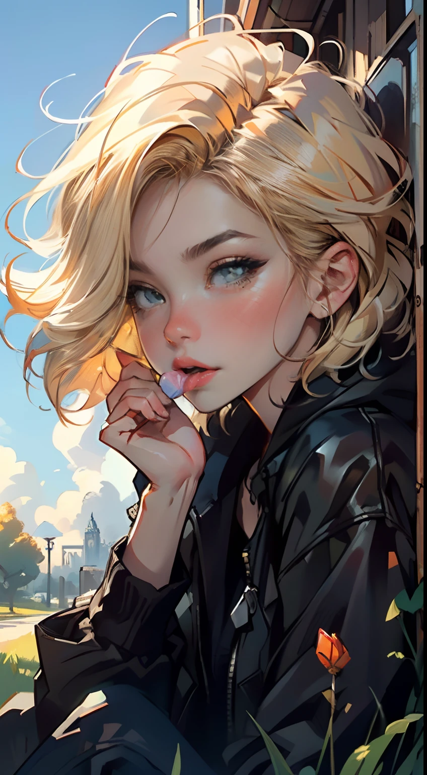 4K, high resolution, Best quality, Masterpiece, perfect warm colors, perfectly shaded, Perfect lighting, (by Jim Lee), masterpiece, digital paint, (close up, Cute girl, 20 years old, blond short hair ), sucking a lollipop, sitting in the grass in a hide park in London. 1990s \(style\),