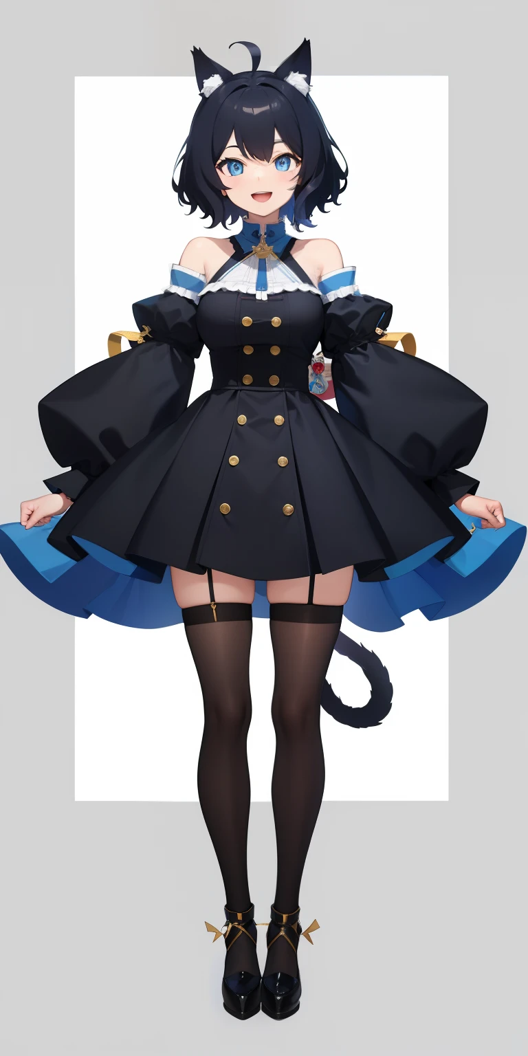 Full body,(( Upright)), ((Arms at sides)), Looking at Viewer, Simple background, 1girl in, Open mouth, Smile, Virtual Youtuber、girl with、、((Best Quality, high_resolution, Distinct_image)),(Black hair), (Black cat ears), (Ahoge), (absurdly short hair), (Wavy Hair), (Blue eyes),、A smile、large full breasts、Clothes that show cleavage、Menhera clothes、