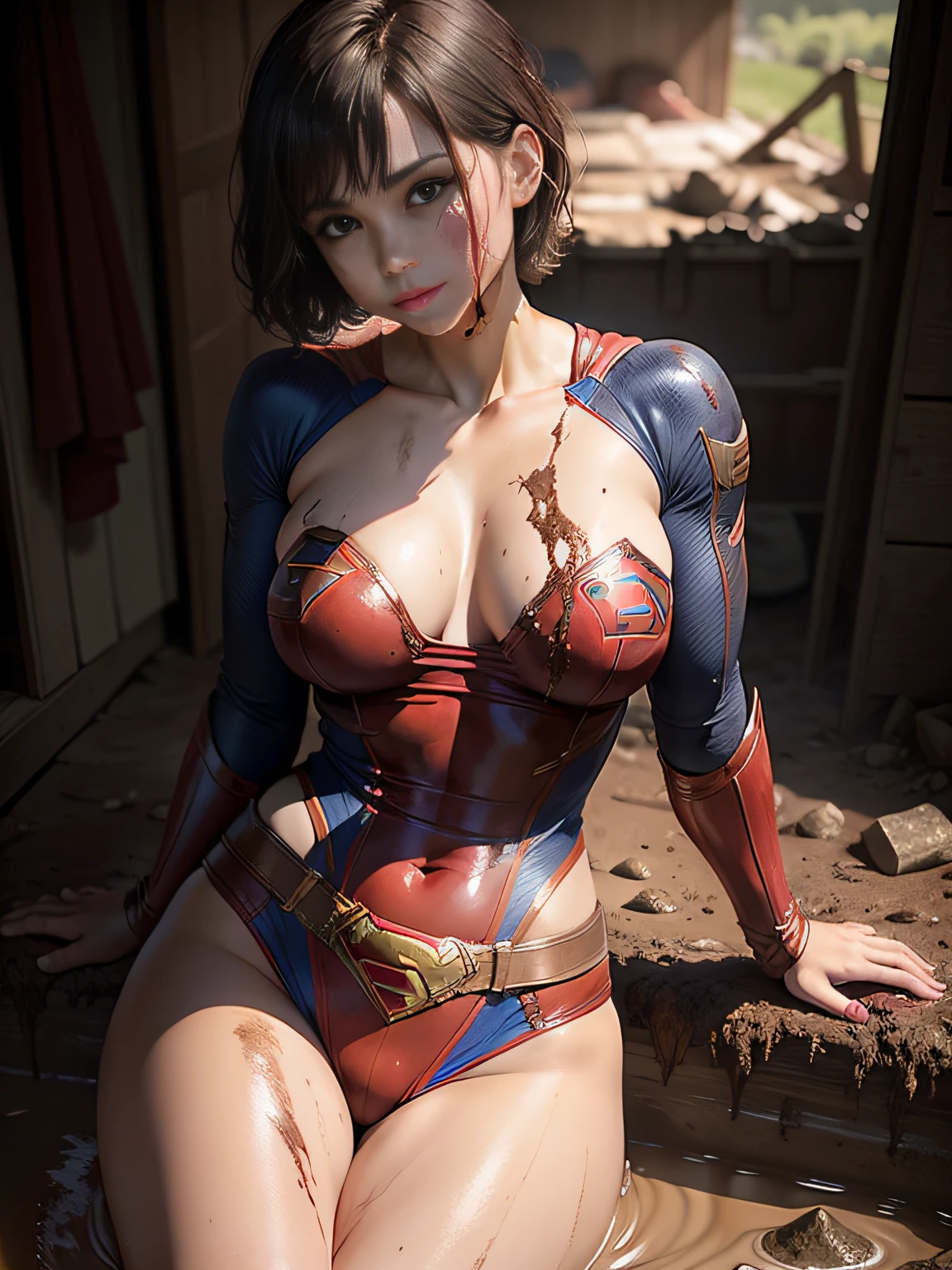 masterpiece、Short-haired Supergirl fell into a quagmire、large full breasts、Looking at the camera、Glossy costume、Crotch、Mud stains、Covered in mud、wounded