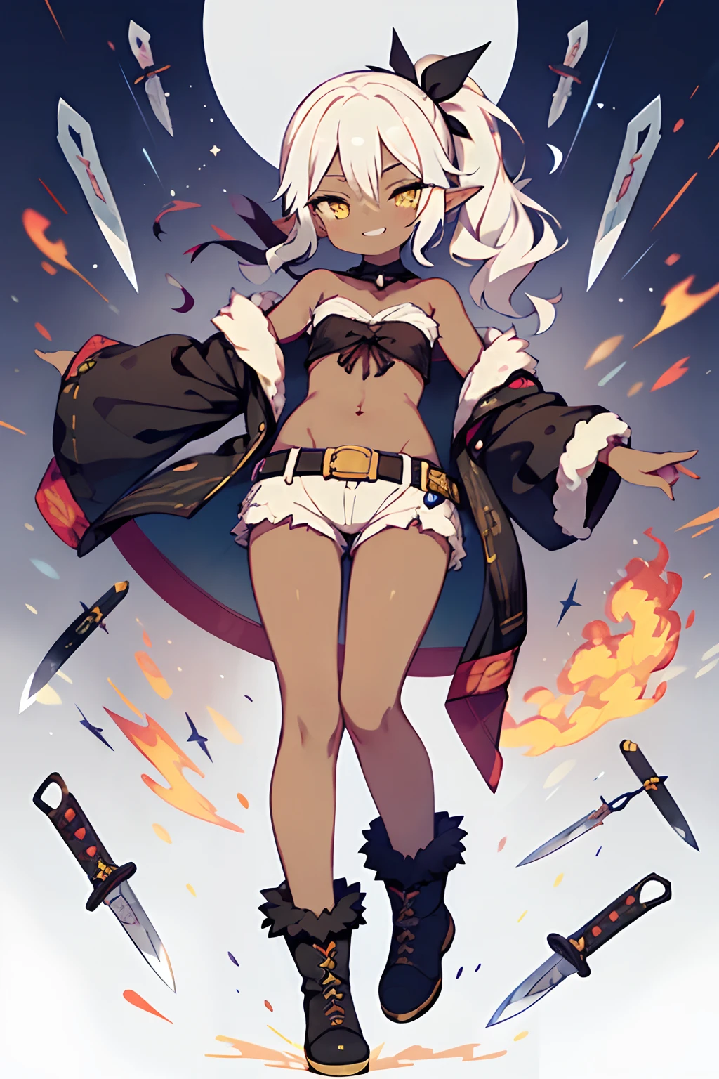 (masterpiece:1.2), (highest quality:1.2), perfect eyes, perfect face, perfect lighting, no background, 1 girl Youmu Konpaku, ((flame bikini armor knight)) ((((small breasts)))) ,short hair, cute eyes, Medium chest, ((((bright)))), ((From above)), ((front)), vivid description, open mouth, ((arms behind back)), troubled eyebrows, serious, (abs)