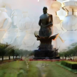 A giant tall Buddha statue in the distance,Pilgrims on the road