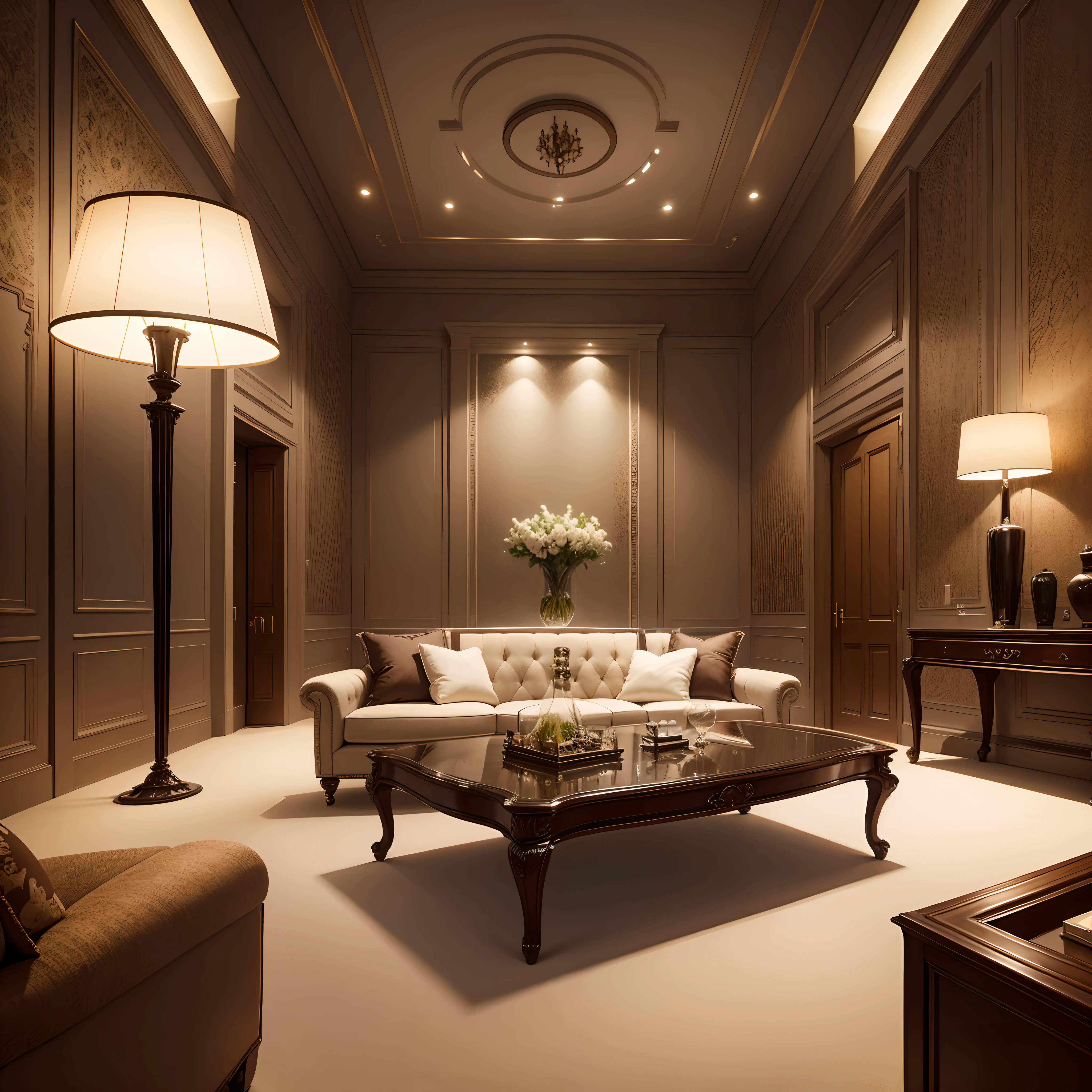 Luxury home surrounded by LED lights, Seats, coffee table, carpet, dinner table, Wide windows, Stylish painting, trinket, DVR, Realistic, UTIL