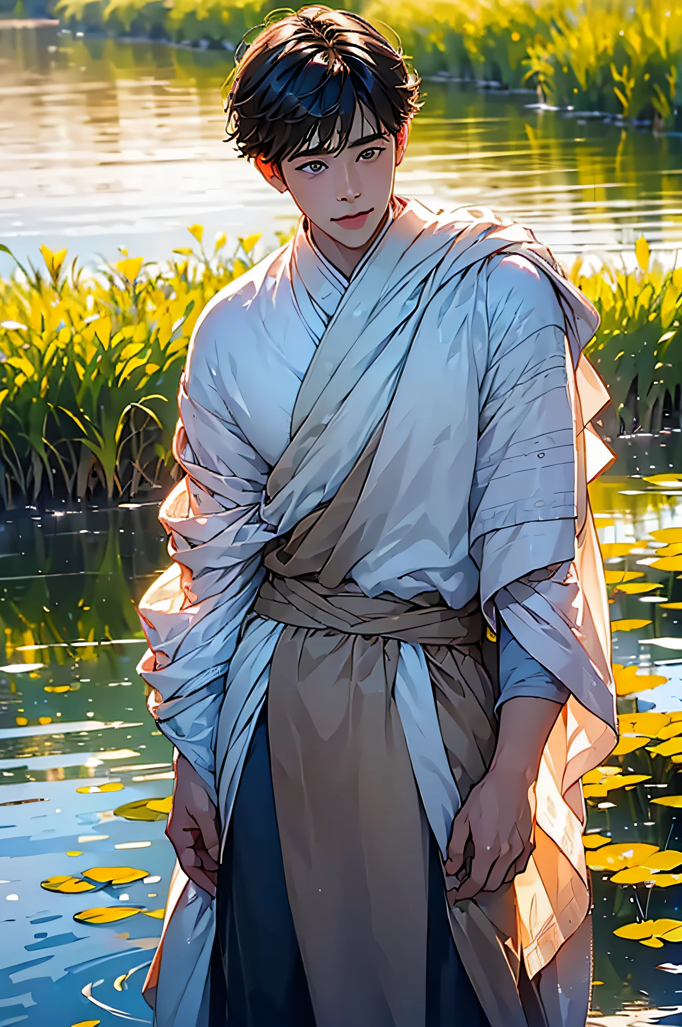 (in 8K、top-quality、​masterpiece:1.2)、1 boy、short-haired、Hair short、Brown-skinned、Blue View、