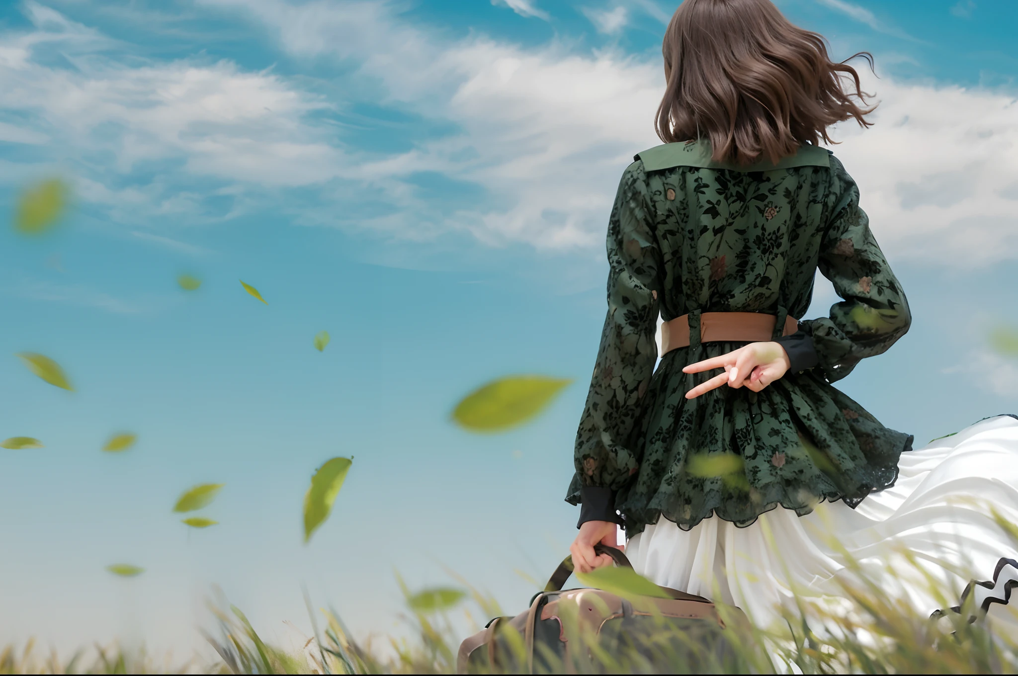 Woman in dress and hat walks in field, Leaves with the wind, Open greenfield, girl walking in flower field, In the green fields of the wide steppe, windy day, photorender, Green clothing, on grassland, in a sunny day, walking away, highly photographic render, Illustration!, beautiful sunny day, The wind blows the leaves