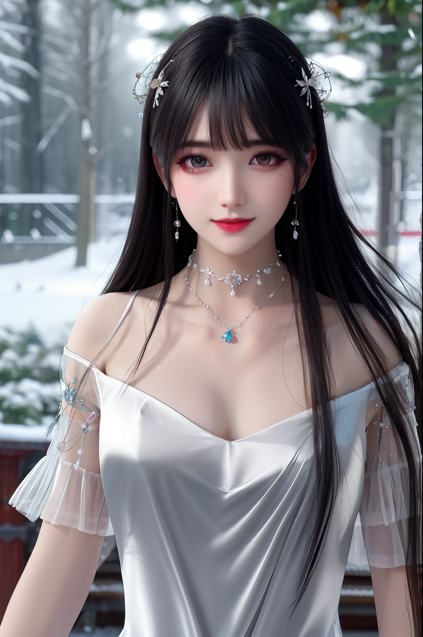 best qualityer，8K， tmasterpiece， A high resolution， 1girll， Clear silk porcelain dress， Fur coat， hair adornments， ssmile， Keep one's mouth shut， cparted lips，Large breasts，Shoulder， shift dresses， hair adornments， choker necklace， jewely， Chinese outfit， long whitr hair， 耳Nipple Ring， Detailed beautiful eyes， detailed eyelashes， beautiful  face，after sexing_Body， Tyndall effect，realisticlying， edge lit， twotonelighting，（highdetailskin：1.2）， 8K, Ultra HD， digital SLR camera， gentle illumination， high high quality， Volumetriclighting， Frankness， photore， A high resolution， Bokeh， at a forest， Falling snow， Winters， in the afternoon