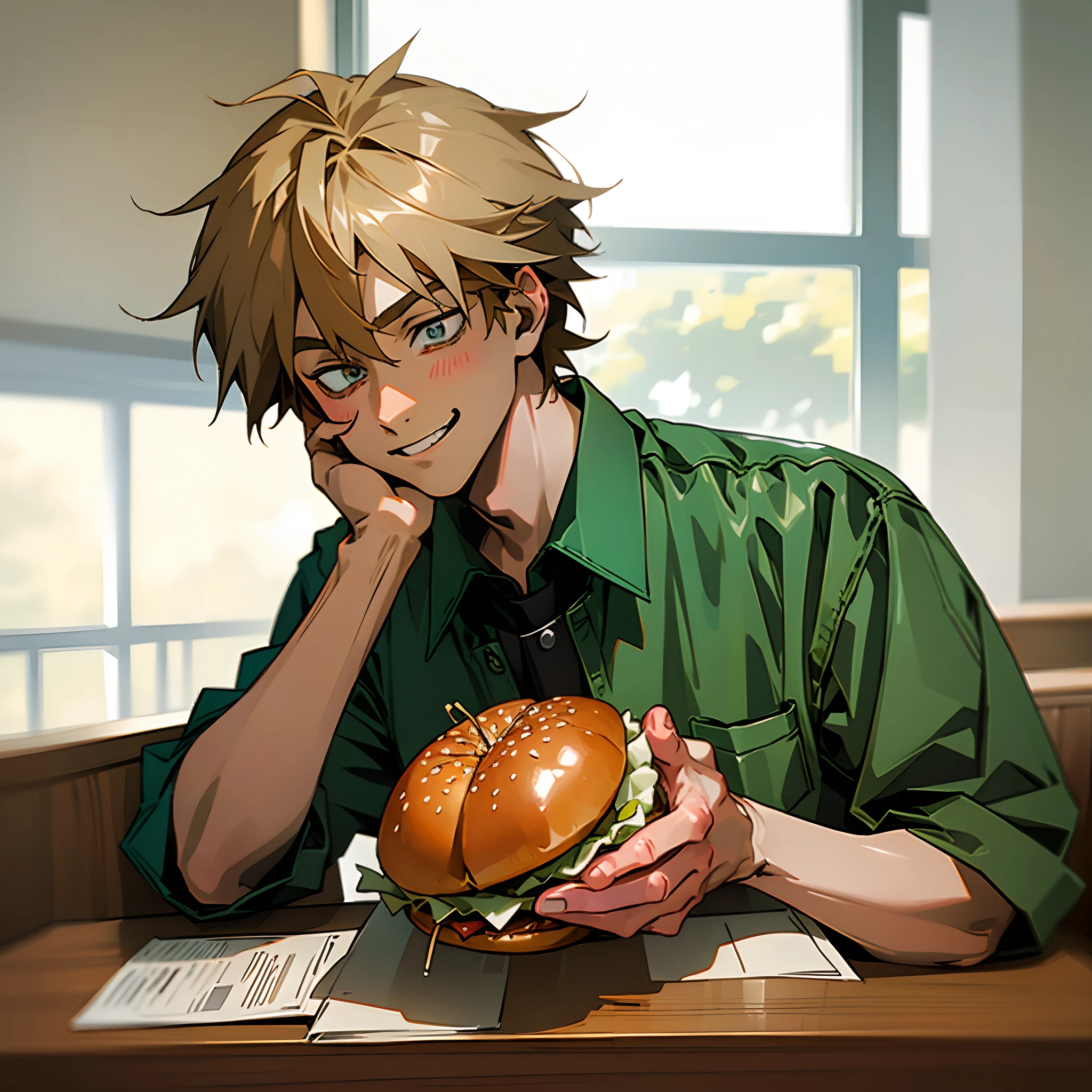 masterpiece, best quality, high quality, There was a boy sitting down, Young and handsome face, In the hamburger restaurant,eating hamburger, Big smile, 90s style anime retro