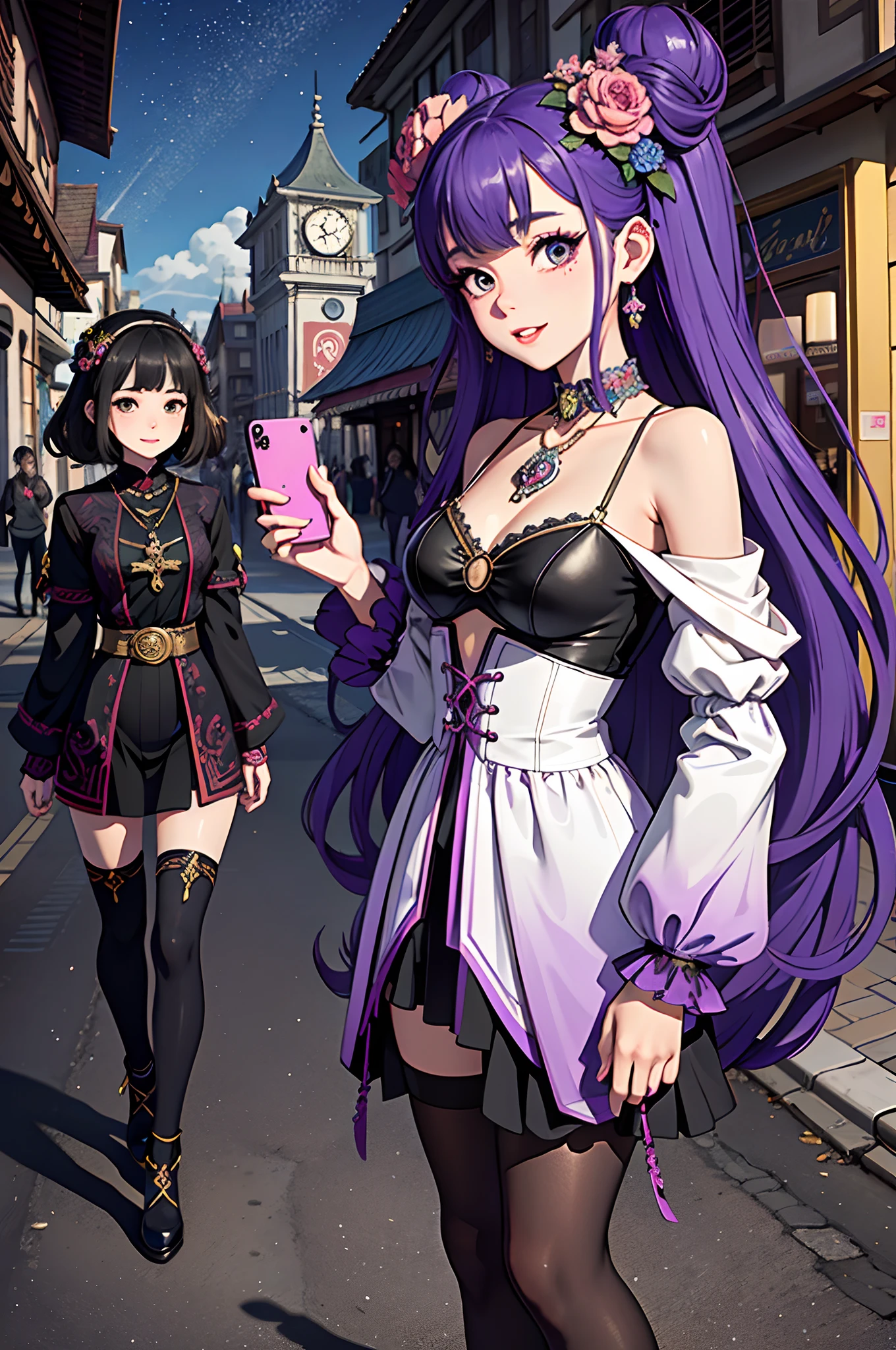 Best Quality, Masterpiece, Extremely Detailed, High Resolution, 4K, Ultra High Resolution, Detailed Shadows, Perfect Light and Shadow,duo, Two Girls in Stylish Clothes Taking Selfies on the Street, fantastical cityscape,Colorful Braids, Anime Role Play, Anime Style Mixed Fujifilm, Cute, Big Laugh, Big, Sexy,(alebrijes art style),pureerosface_v1,ulzzang-6500-v1.1,fantastical clothing,princess eyes round pupils,fantastical necklaces,fantastical ribbons,fantastical rings,fantastical jewelry,fantastical hair ornament,fantastical belt,studio light,
