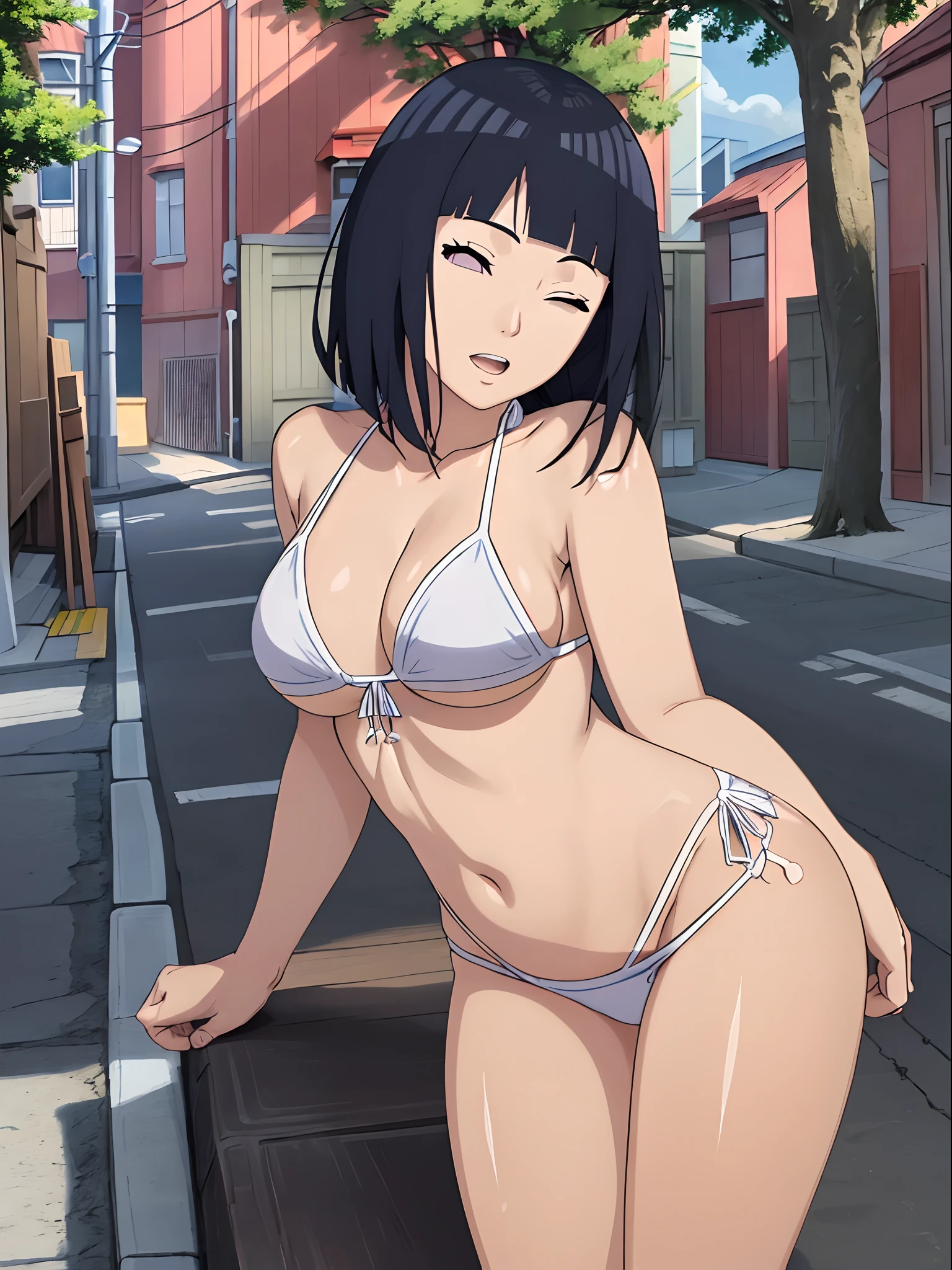 (WALLPAPER, (hinata\(boruto\), (((white string bikini))), masterpiece, 4k, vector coloring, fully body view, (scene of knocked out girl on street), (high color saturation), contrast lighting, mature female, (curvy:0.8), solo, anime style, sharp focus, professional artwork, intricate details, colorful, vibrant colors, vivid colors, digital blending, ultra detailed body, ultra detail hair, ultra detail face, trending on pixiv, very hot colors, (((street, outdoors))), detailed bold arm lines, high color saturation, bold lines, bold drawing lines),
((knocked out)), (head tilt), open mouth, closed eyes),
((dark blue hair color:1.1), wavy hair, ((short hair, hime cut)),
(white skin, (fair skin), slender body, milf, perfect face),
(legs, big breasts, off-shoulders, (detailed shoulders, detailed arm lines)),
(bare shoulders, bare legs, stretching),
