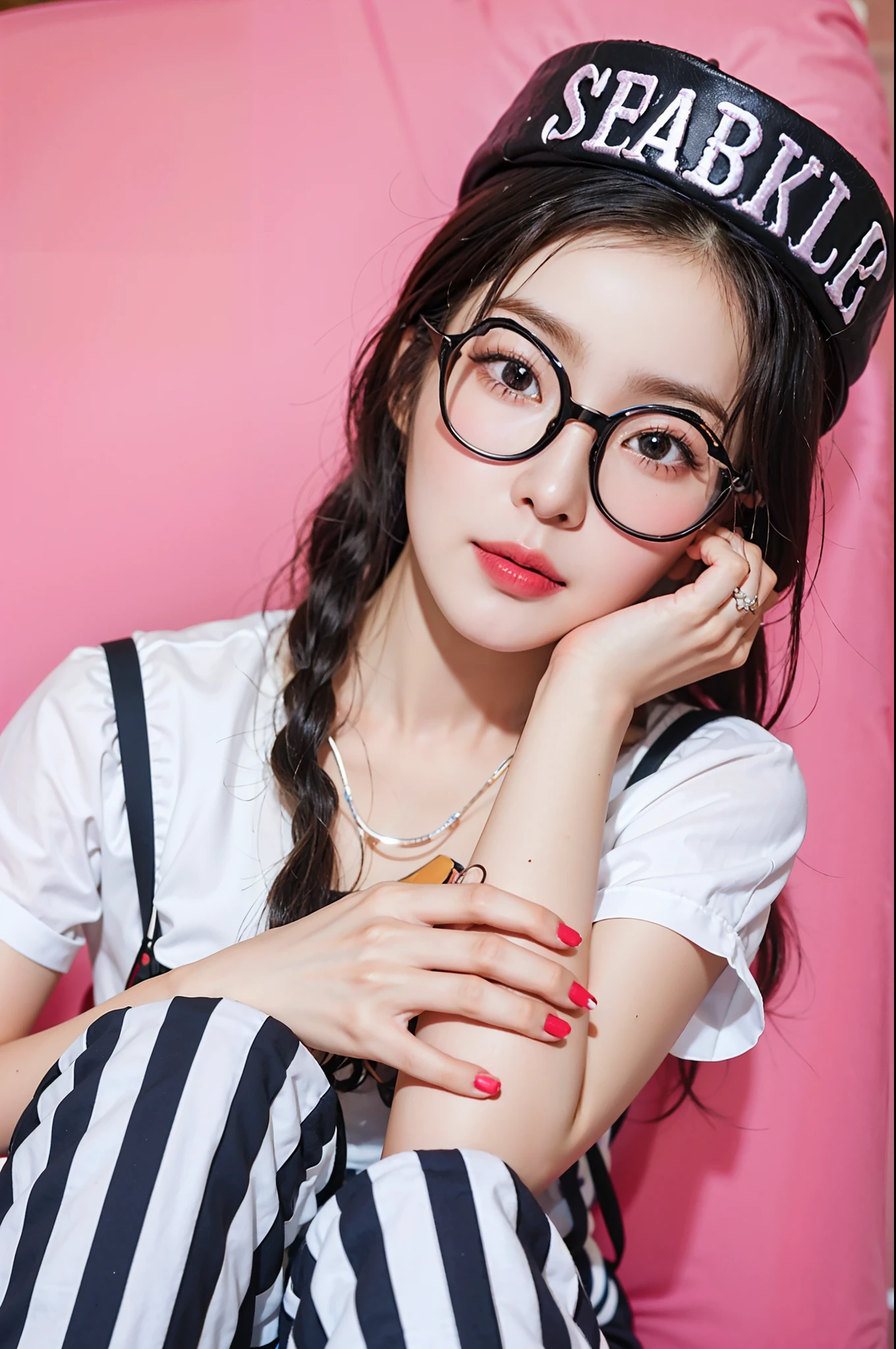 Alafed girl sitting in chair wearing glasses and hat, young and cute girl, a girl with round glasses, thick round spectacles, Ruan cute vtuber, beautiful lovely, Cute girl, cute beautiful, Girl with glasses, Cute young girl, Young and cute, Young Asian girl, With glasses, eye glass, ulzzangs, wearing small round glasses
