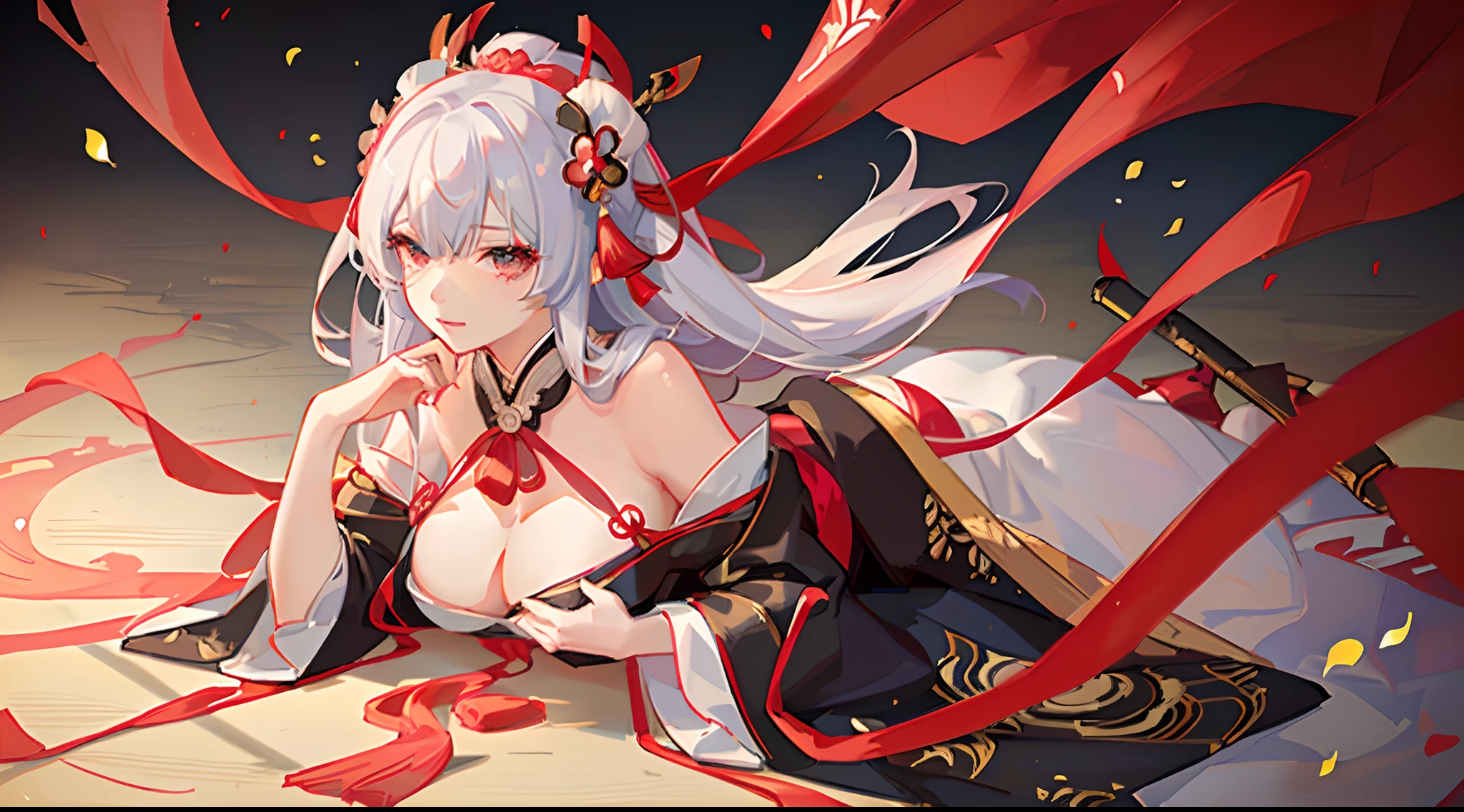 (A girl in a kimono holds a fan, Palace, A girl in Hanfu, Detailed works of Onmyoji, Soft anime illustration, Popular on ArtStation and Pixiv, onmyoji, Clean and complex anime art, White-haired deity, Digital art on Pixiv, Cute anime fat girl in beautiful clothes, Portrait of Onmyoji, komono)，(Best quality, 4K, 8K, A high resolution, Masterpiece:1.2), Ultra-detailed, (Realistic, Photorealistic, photo-realistic:1.37), hdr, hyper HD, Studio lighting, Ultra-fine painting, Sharp focus, Physically-based rendering, Extreme detail description, professional, Vivid colors, Bokeh, sportrait, anime big breast, Vibrant colors, Soft lighting