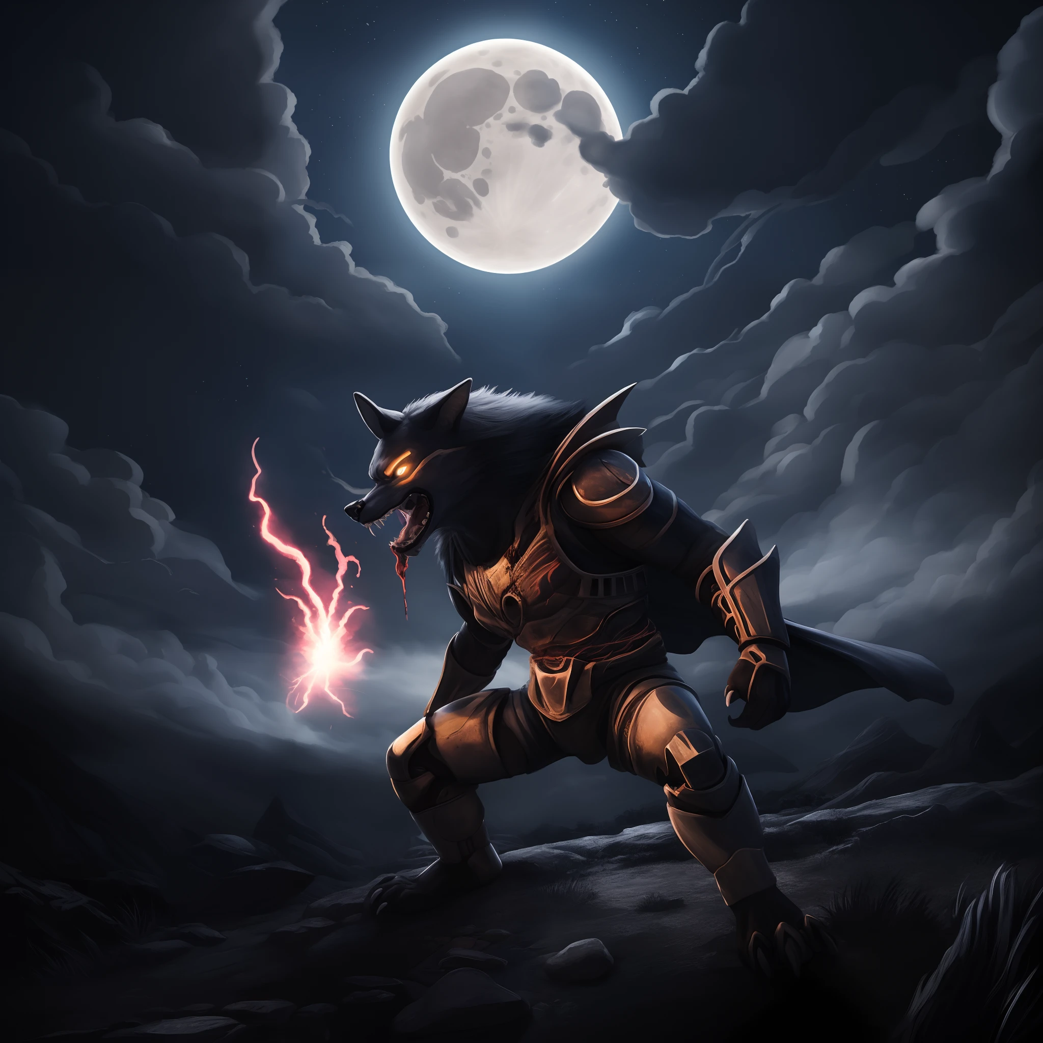 werewolf warrior,cyborg armor,dark and menacing atmosphere,sharp claws and fangs,powerful and muscular build,red glowing eyes,aggressive and fearless expression,moonlit night background,ominous shadows,torn cape flowing in the wind,blood dripping from the claws and mouth,smoke and sparks surrounding the armor,metallic texture and intricate details,highly detailed and realistic rendering,intense battle stance and pose,deep and vibrant colors,subtle blue and purple color palette,dramatic lighting emphasizing the menacing features,vivid and glowing moon in the sky.