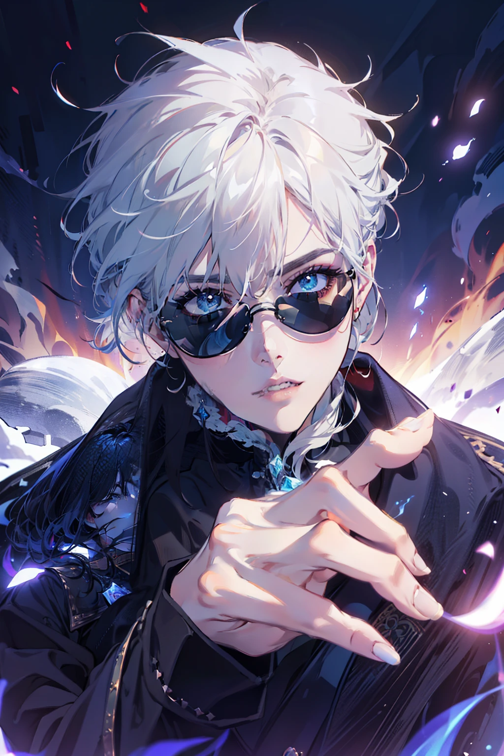 ((High detail、Cinematic lighting))、Messy white hair、Aquamarine eyes、White lashes、god rays、Ray tracing、drop shadow、optical illusion、Haut du corps、Looking at the camera、Masterpiece、((Super Detail、Best Quality、8K))、Jujutsu Kaisen、Gojo Gojo、Black attire、Surgical unfolding、Perfect jet black background、serene look、powerful being、Mystical atmosphere、(Strange moonlight、ominous shadows、 Intense blue aura、 Intense red aura、Symbol of the power that surrounds him、Radiating magical energy、Mystical artifacts、Ether particles、dinamic pose、Epic soundtrack、(((Detailed hand)))、sunglass