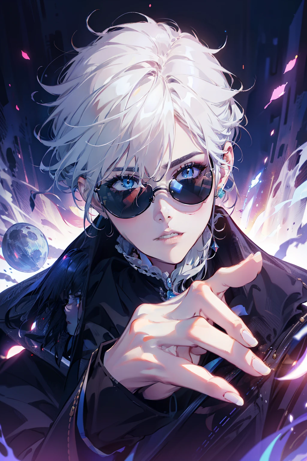 ((High detail、Cinematic lighting))、Messy white hair、Aquamarine eyes、White lashes、god rays、Ray tracing、drop shadow、optical illusion、Haut du corps、Looking at the camera、Masterpiece、((Super Detail、Best Quality、8K))、Jujutsu Kaisen、Gojo Gojo、Black attire、Surgical unfolding、Perfect jet black background、serene look、powerful being、Mystical atmosphere、(Strange moonlight、ominous shadows、 Intense blue aura、 Intense red aura、Symbol of the power that surrounds him、Radiating magical energy、Mystical artifacts、Ether particles、dinamic pose、Epic soundtrack、(((Detailed hand)))、sunglass