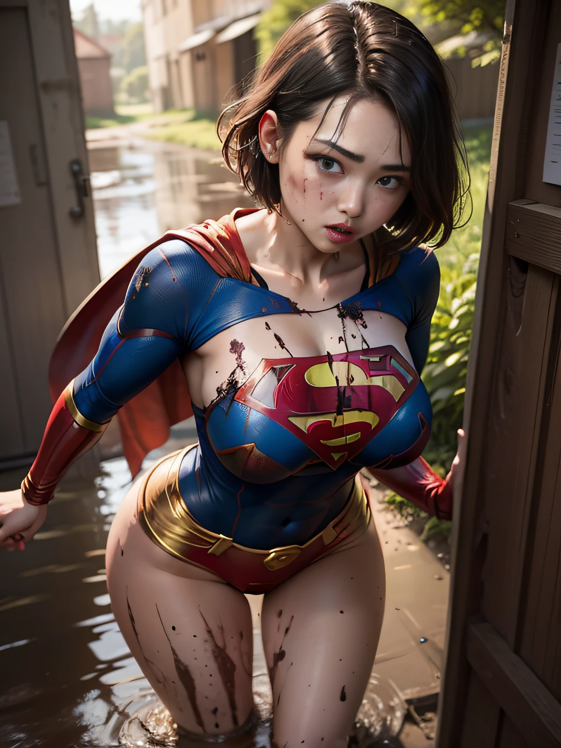 masterpiece、Short-haired Supergirl fell into the sewage、large full breasts、Looking at the camera、Glossy costume、Crotch、Mud stains、Covered in mud、wounded
