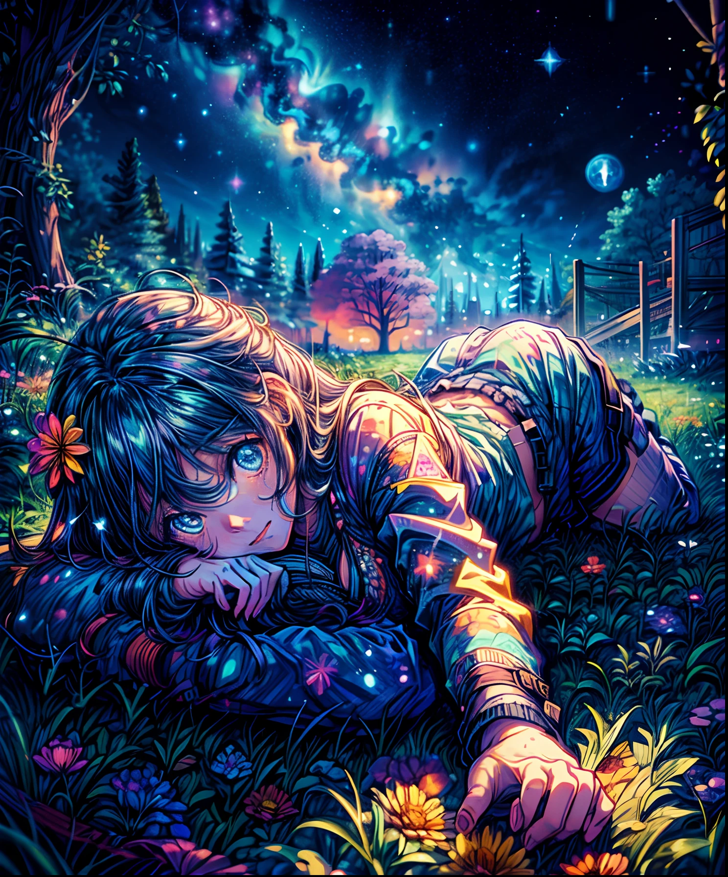 Describe a scene where a cute girl character is lying on a grassy hill, Looking up at the starry sky. Surround her with colorful nebulae and her favorite constellations.