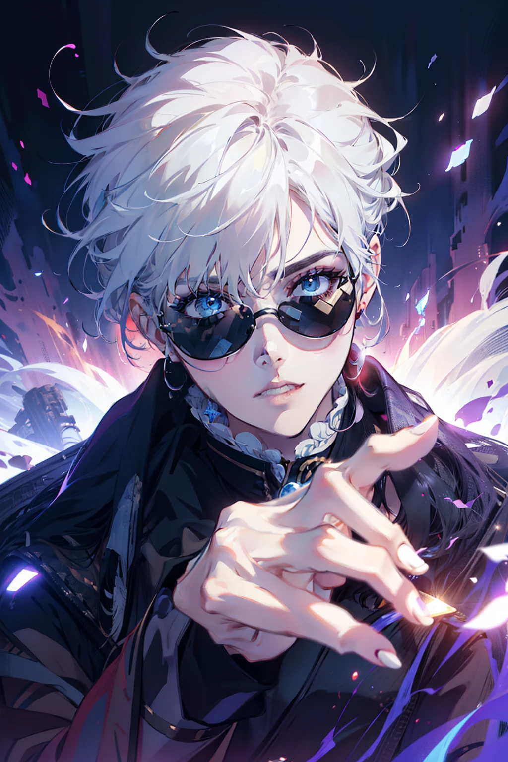 ((High detail、Cinematic lighting))、Messy white hair、Aquamarine eyes、White lashes、god rays、Ray tracing、drop shadow、optical illusion、Haut du corps、Looking at the camera、Masterpiece、((Super Detail、Best Quality、8K))、Jujutsu Kaisen、Gojo Gojo、Black attire、Surgical unfolding、Perfect jet black background、serene look、powerful being、Mystical atmosphere、(Strange moonlight、ominous shadows、 Intense blue aura、 Intense red aura、Symbol of the power that surrounds him、Radiating magical energy、Mystical artifacts、Ether particles、dinamic pose、Epic soundtrack、(((Detailed hand)))、sunglass