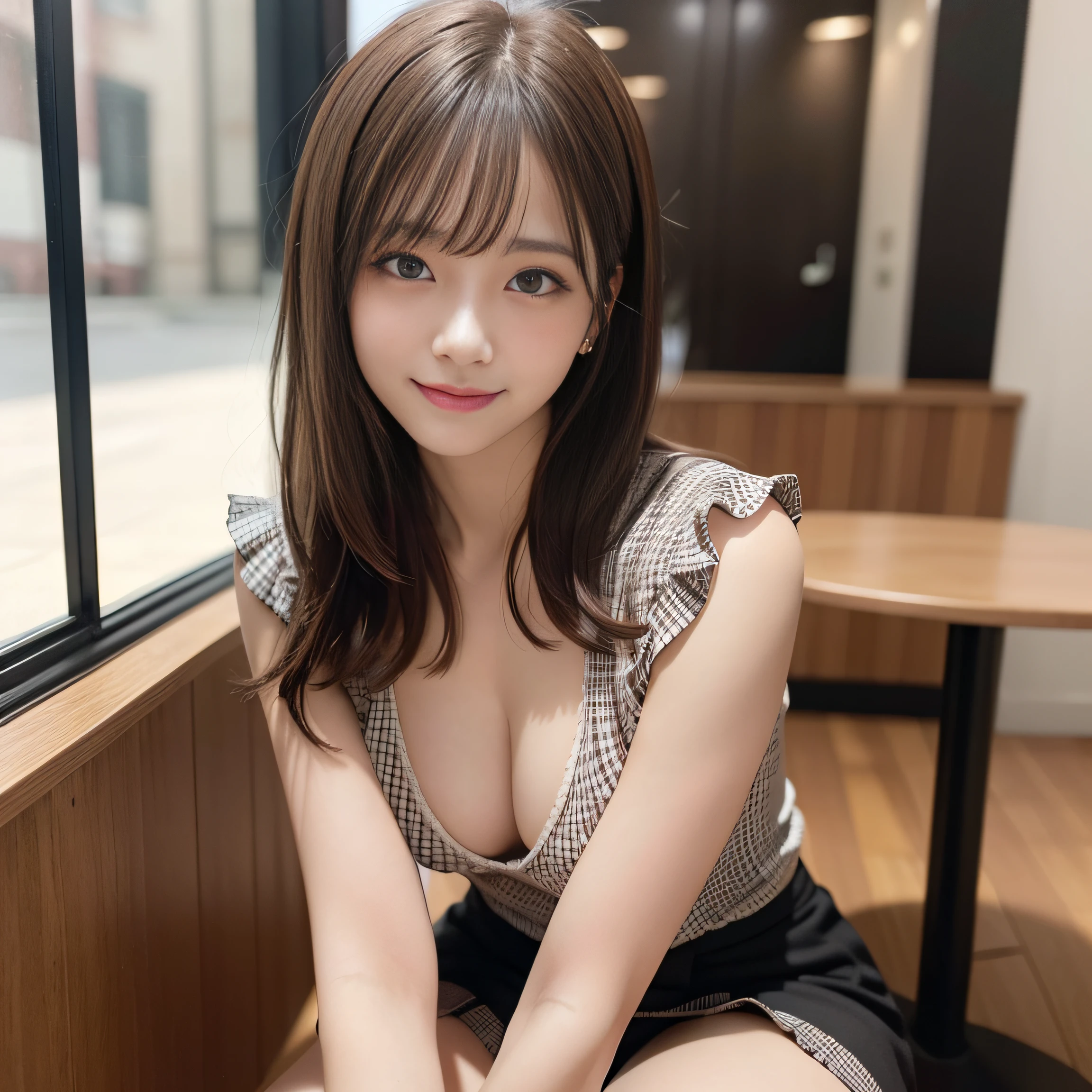 in 8K,Best Quality:1.4, 超A high resolution:1.5, (Photorealistic:1.4),​masterpiece:1.2,(top-quality:1.4)、 Raw photo、 (From the knee up:1.6), (the background is blurred), Internet cafe,FULL BODYSHOT:1.4、 1日本人の女の子, Cute, (Solo), (Shy smile), Smooth skin、ＴThe shirt、Cute checked mini skirt、 (Brown medium hair,Bangs), (touch hair:1.4)、nogizaka、35 year old:1.5、Beautiful black eyes、natural skin textures:1.3, realistic eyes and face details:1.7、middlebreasts、Gravure Pose：1.1、gazing at viewer