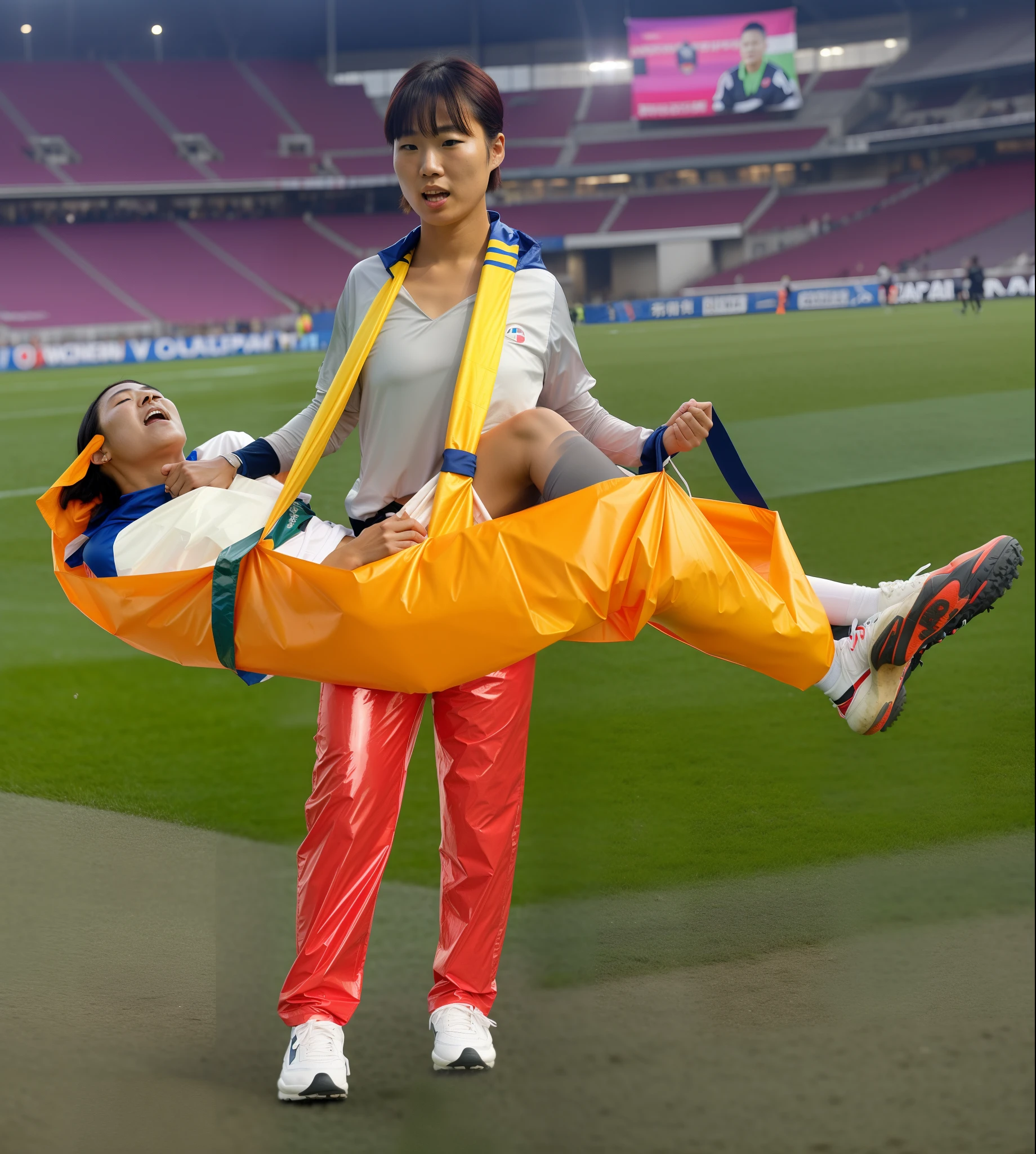 A very worried Japanese woman carries a short-haired male footballer towards us with the help of a tarpaulin, a worried Japanese woman transports an injured male footballer in a tarpaulin, a very worried Japanese woman is wearing red patent leather pants and is standing in a filled football stadium, the Japanese woman in the red patent leather pants has an extremely disturbed and shocked facial expression, the Japanese woman in the red patent leather pants is holding a shiny orange tarp queer in front of her body, the Japanese woman comes along The tarpaulin that she is carrying in front of her ran towards us, in the tarpaulin lies an injured and unconscious male footballer with short hair and matt sports clothing, the matt t-shirt and the pain-distorted face of the injured athlete protrude over the left part of the tarpaulin , two soccer shoes protrude from the right end of the tarpaulin