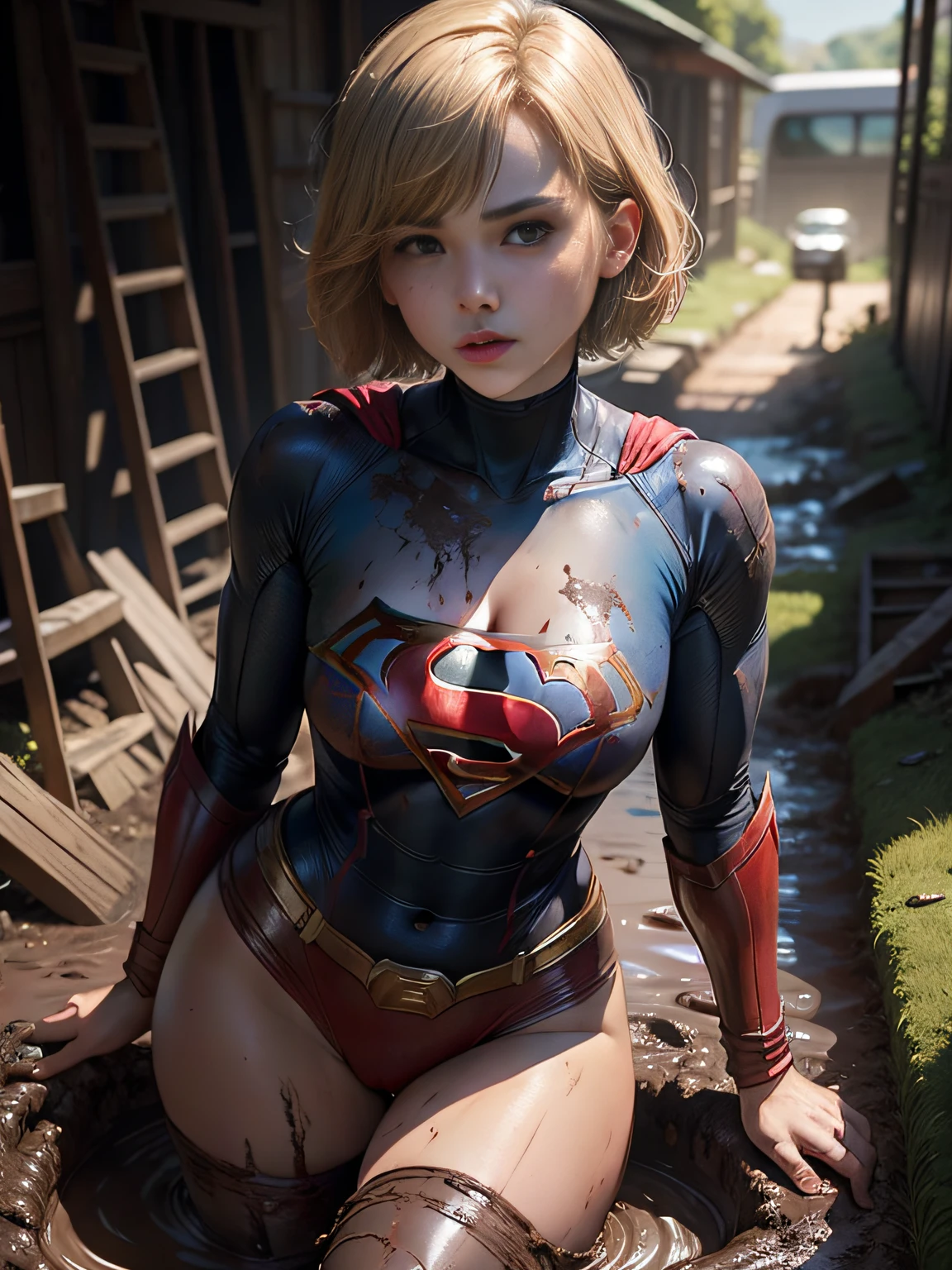 ​masterpiece、Short-haired Supergirl fell into a quagmire、large full breasts、Looking at the camera、Glossy costume、Crotch、Mud stains、Covered in mud、wounded