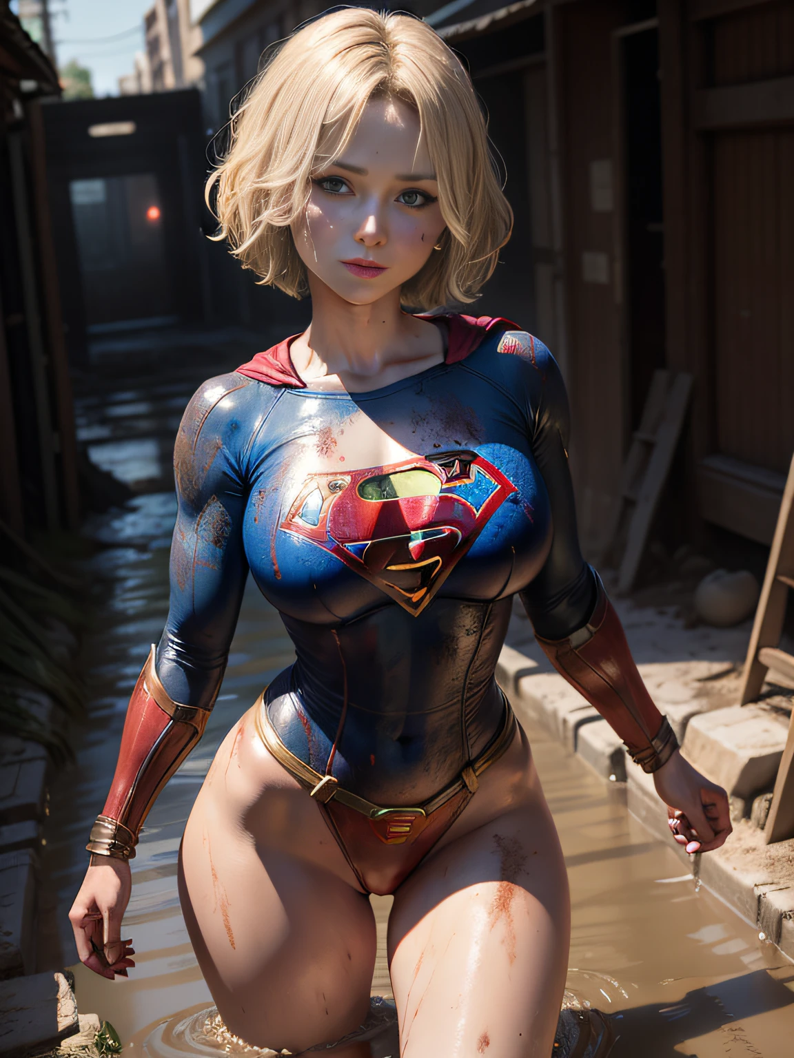 masterpiece、Short-haired Supergirl fell into the sewage、large full breasts、Looking at the camera、Glossy costume、Crotch、Mud stains、Covered in mud、wounded